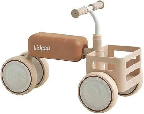 Children's wooden ride-on toy in beige and light brown colors with four wheels, a handlebar, and a small storage compartment.