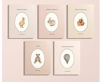 Six illustrated cards featuring different animals and objects, including a chick, rabbit, hazelnuts, teddy bear, hot air balloon, with titles.