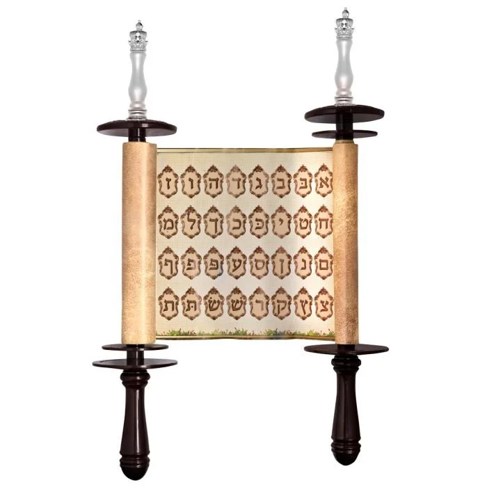 A Jewish parchment scroll with Hebrew letters, mounted on a decorative wooden frame with candle-like holders on the top.