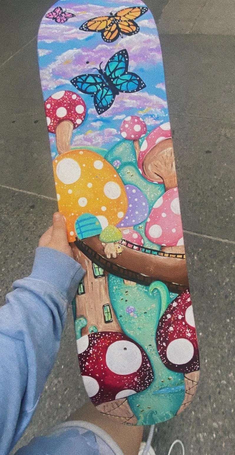 "Traveling Mushroom"
Acrylic on Skateboard