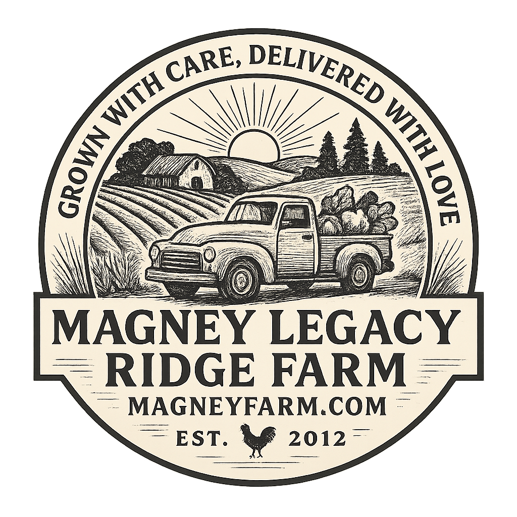 A logo for Magney Legacy Ridge Farm featuring a drawing of a farm landscape with a barn, trees, and a sun rising or setting in the background. An old truck loaded with rocks is in the foreground. Text includes "Grown with Care, Delivered with Love," the farm's website magneyfarm.com, and the establishment year 2012. A small rooster icon is at the bottom.