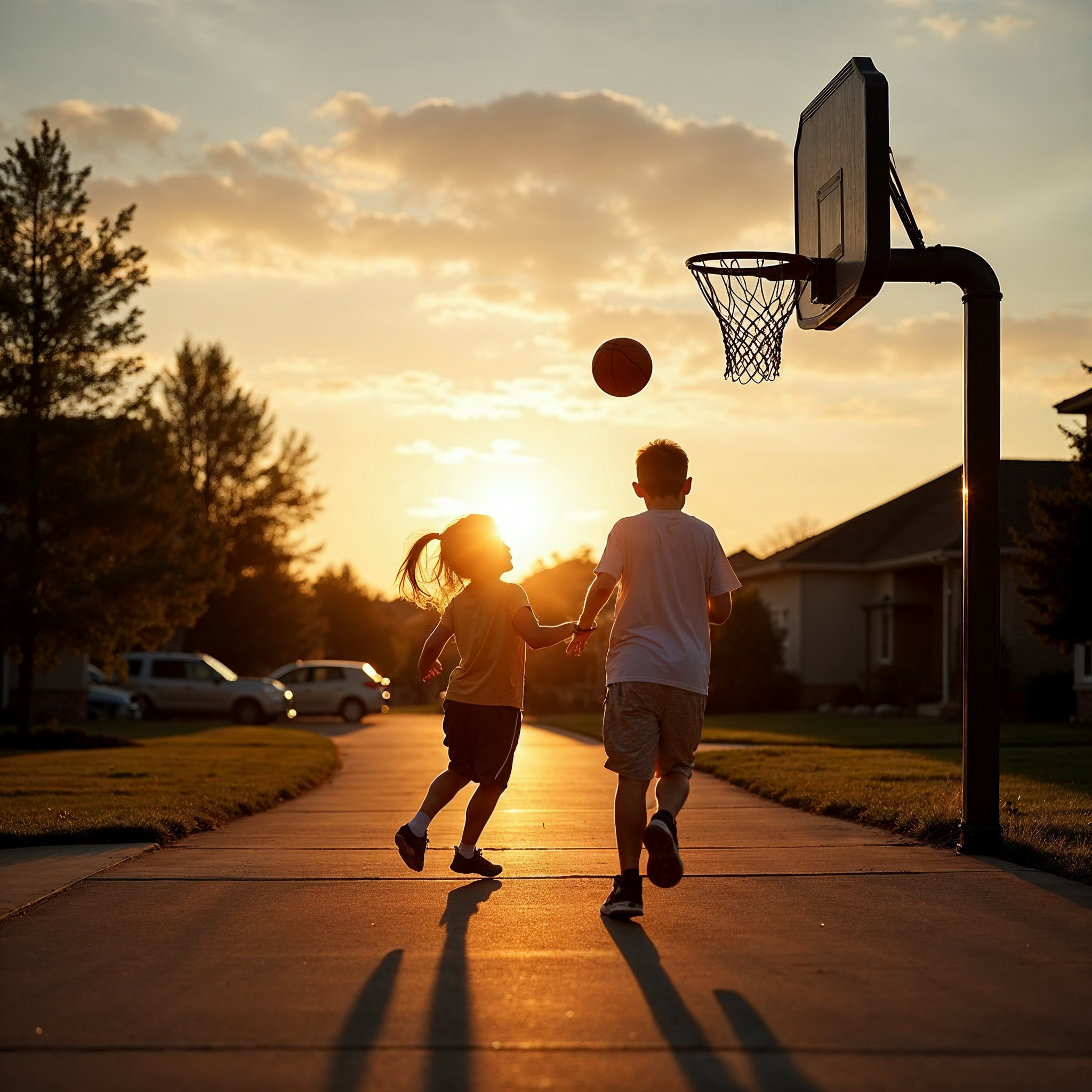 Two children, a girl and a boy, playing basketball on an outdoor court at sunset, holding hands and running towards the hoop.