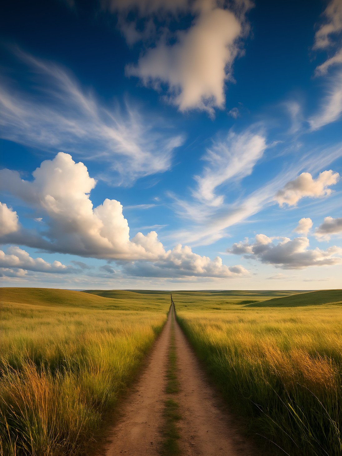 A dirt road runs through a green grassy field under a blue sky with scattered white clouds.