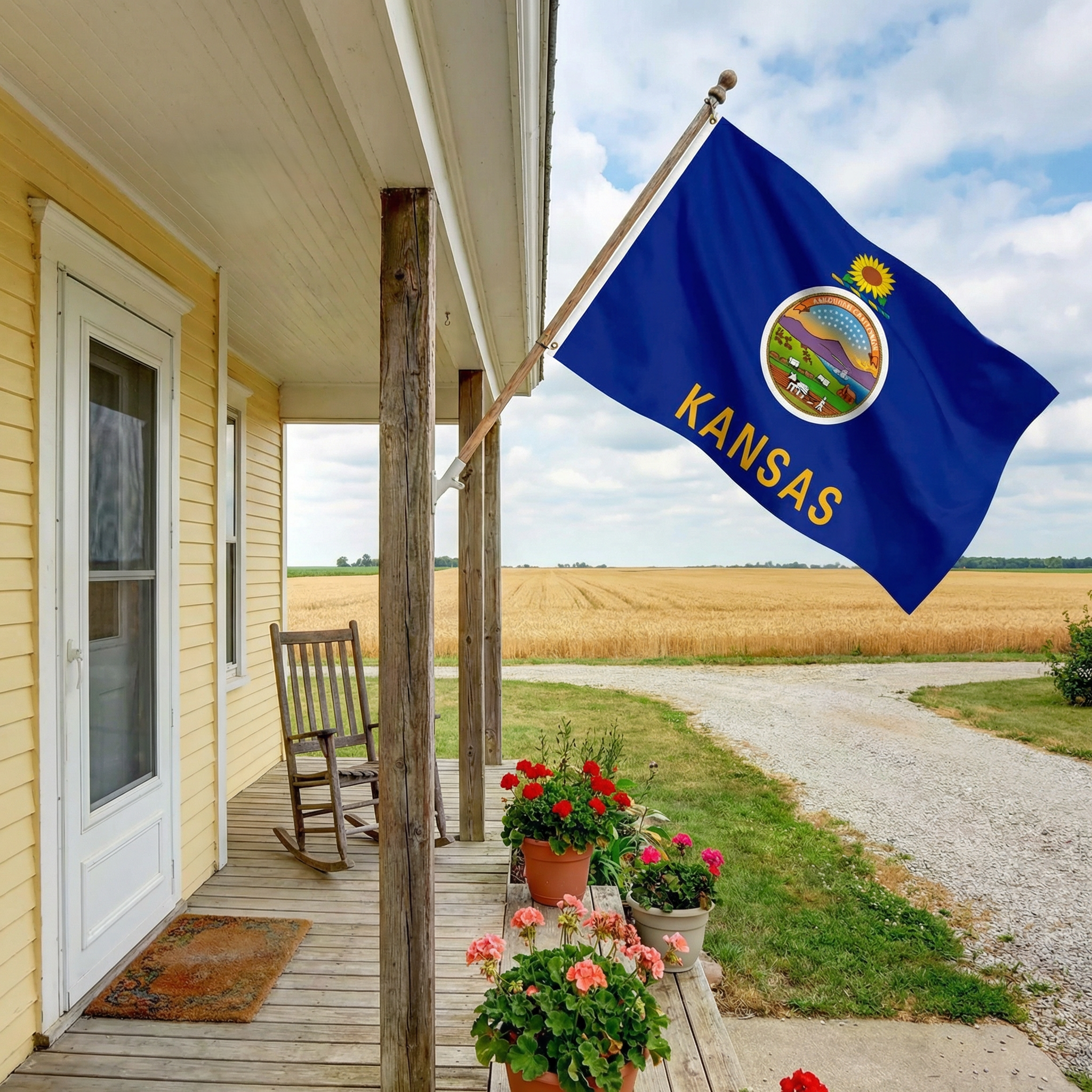 A yellow house with a white door and windows, a wooden porch with chairs, potted red and pink flowers, and a blue Kansas state flag flying on a pole outside. The scene is set in a rural area with a gravel driveway and a vast field in the background under a partly cloudy sky.