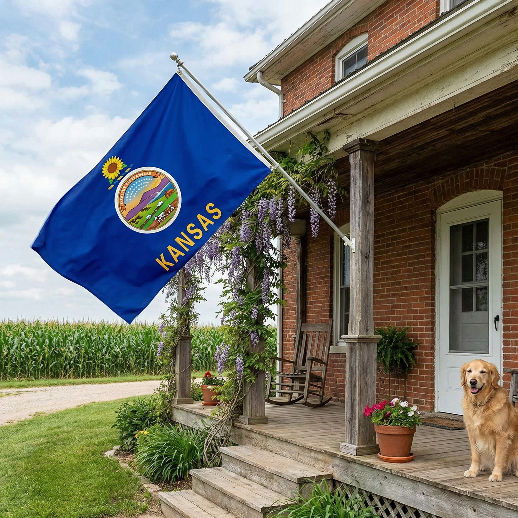 Front porch of a brick house with white trim, wooden steps, potted flowers, and a golden retriever dog sitting on the steps. A blue Kansas flag is flying on a pole attached to the porch.