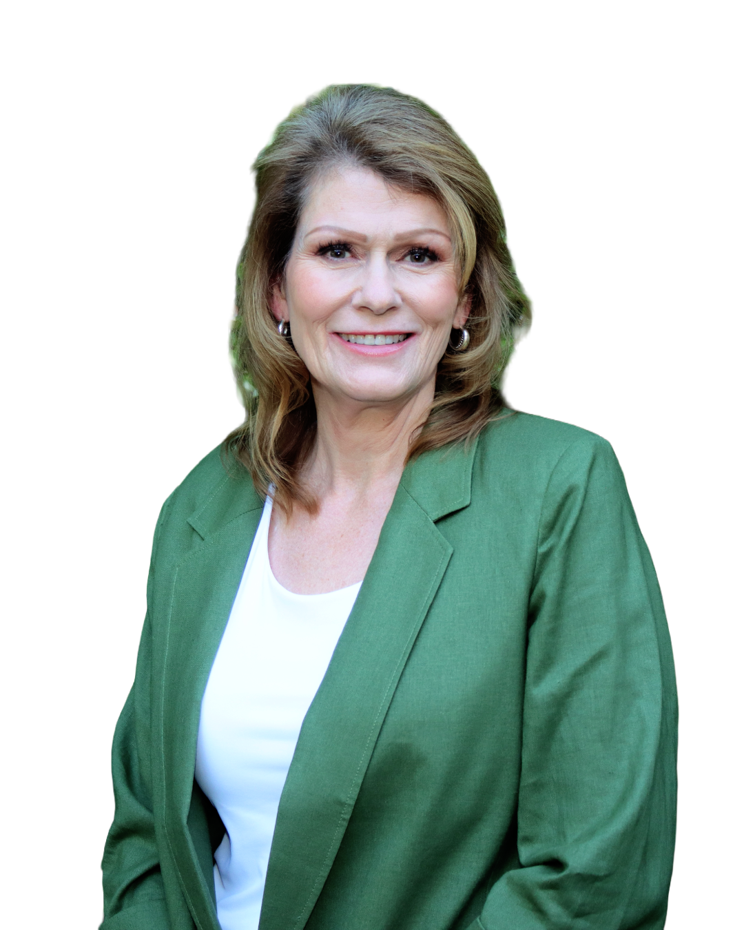 A woman with shoulder-length blonde hair wearing a green blazer and white top, smiling, with earrings, against a black background.