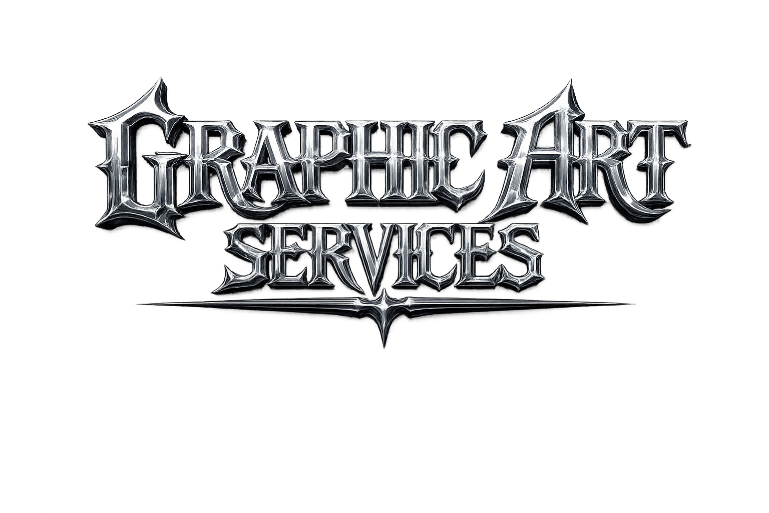 Logo for Graphics Art Services with a metallic gothic font on a dark, colorful abstract background.