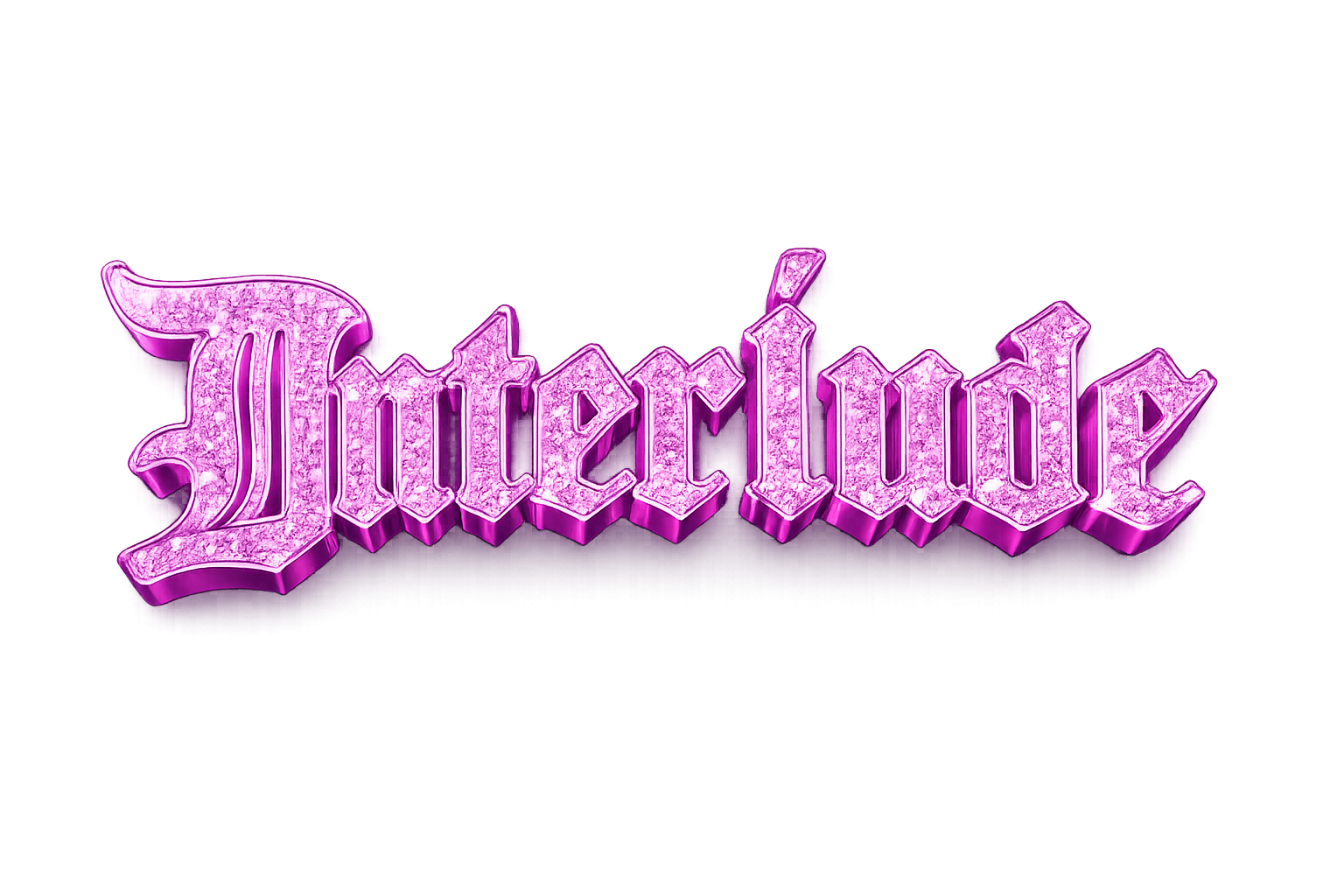 Sparkly pink neon sign spelling "Interlude" in Gothic font with a black background.