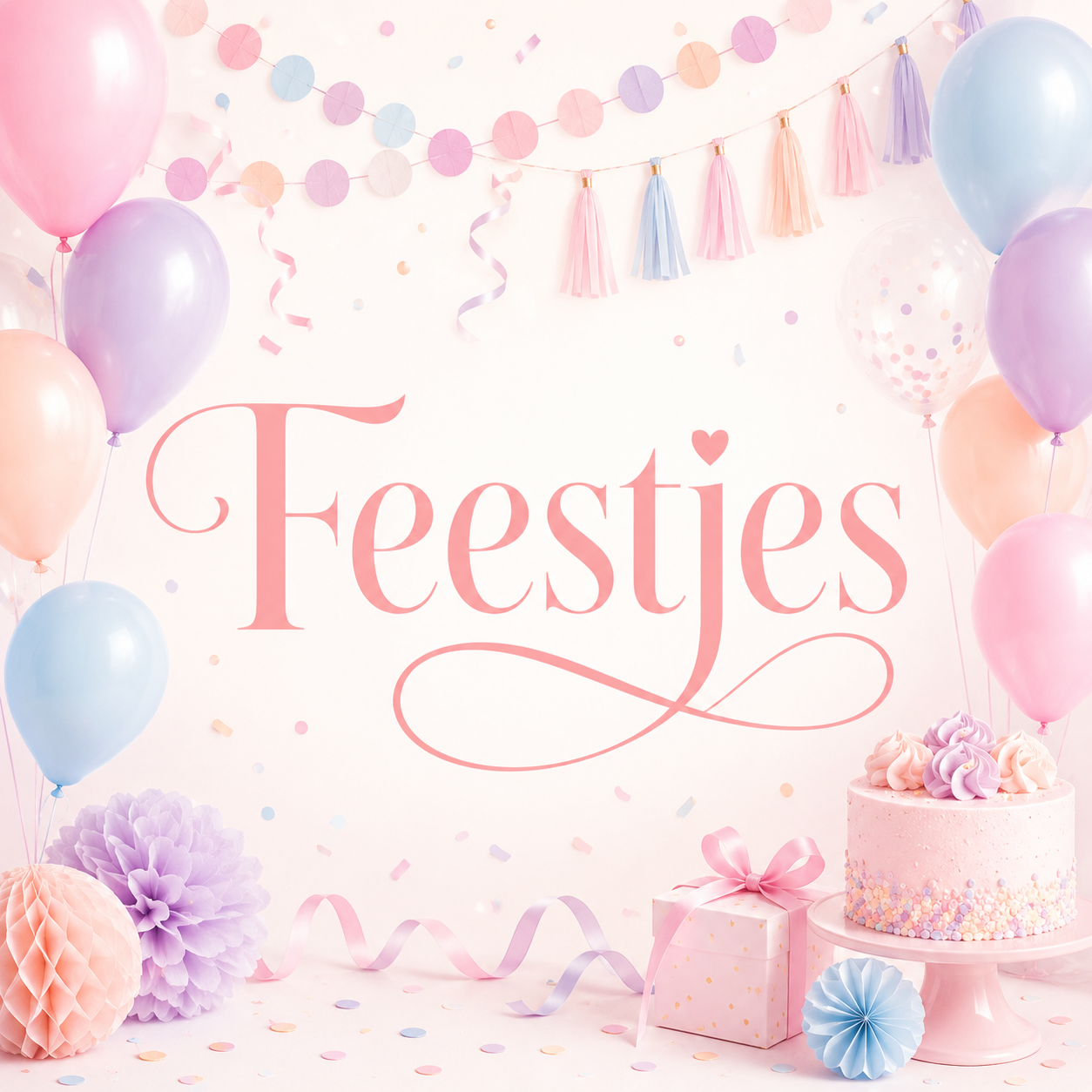 Afbeeelding in pastel kleuren met het woord feestjes
