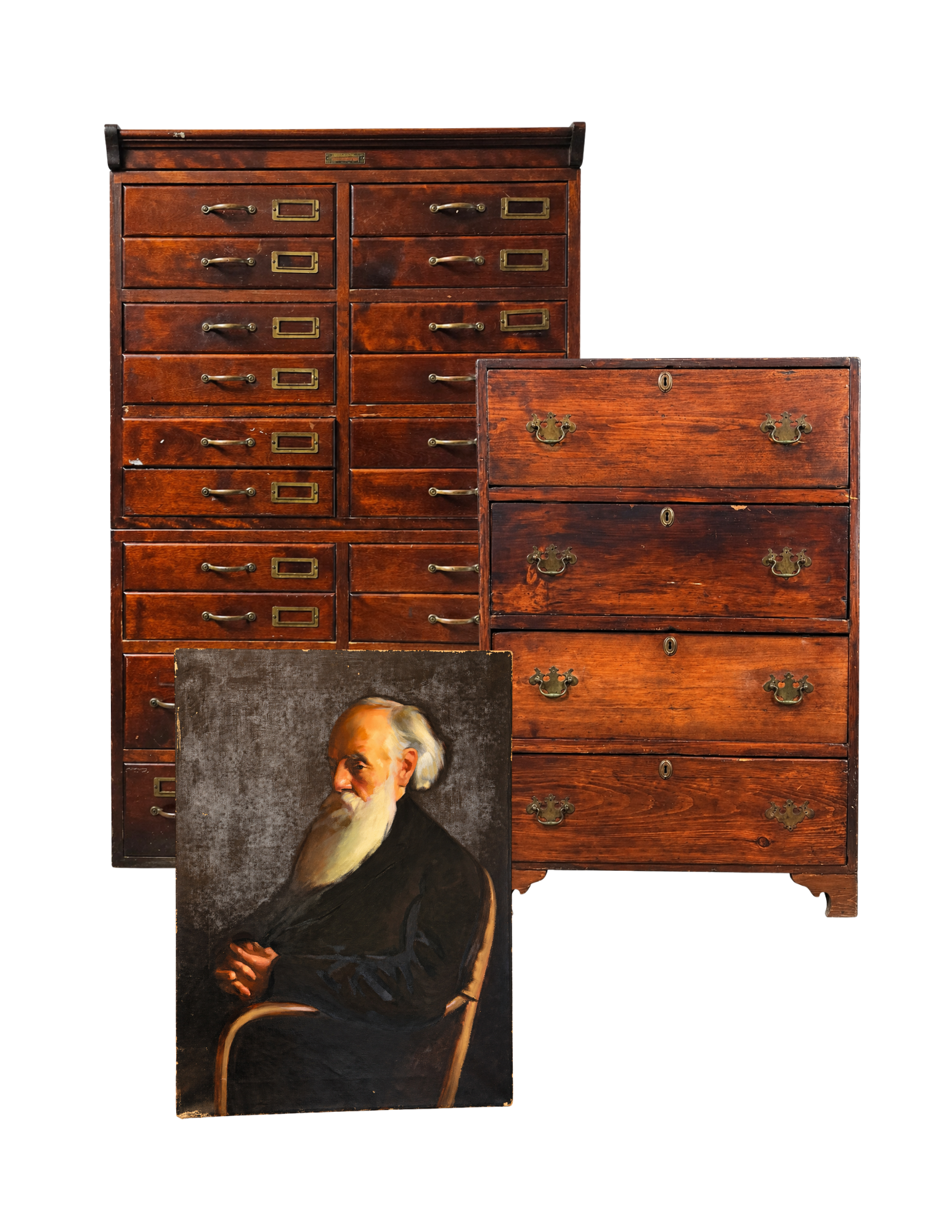 Old wooden filing cabinets with a portrait of an elderly man with a white beard and mustache in the foreground.