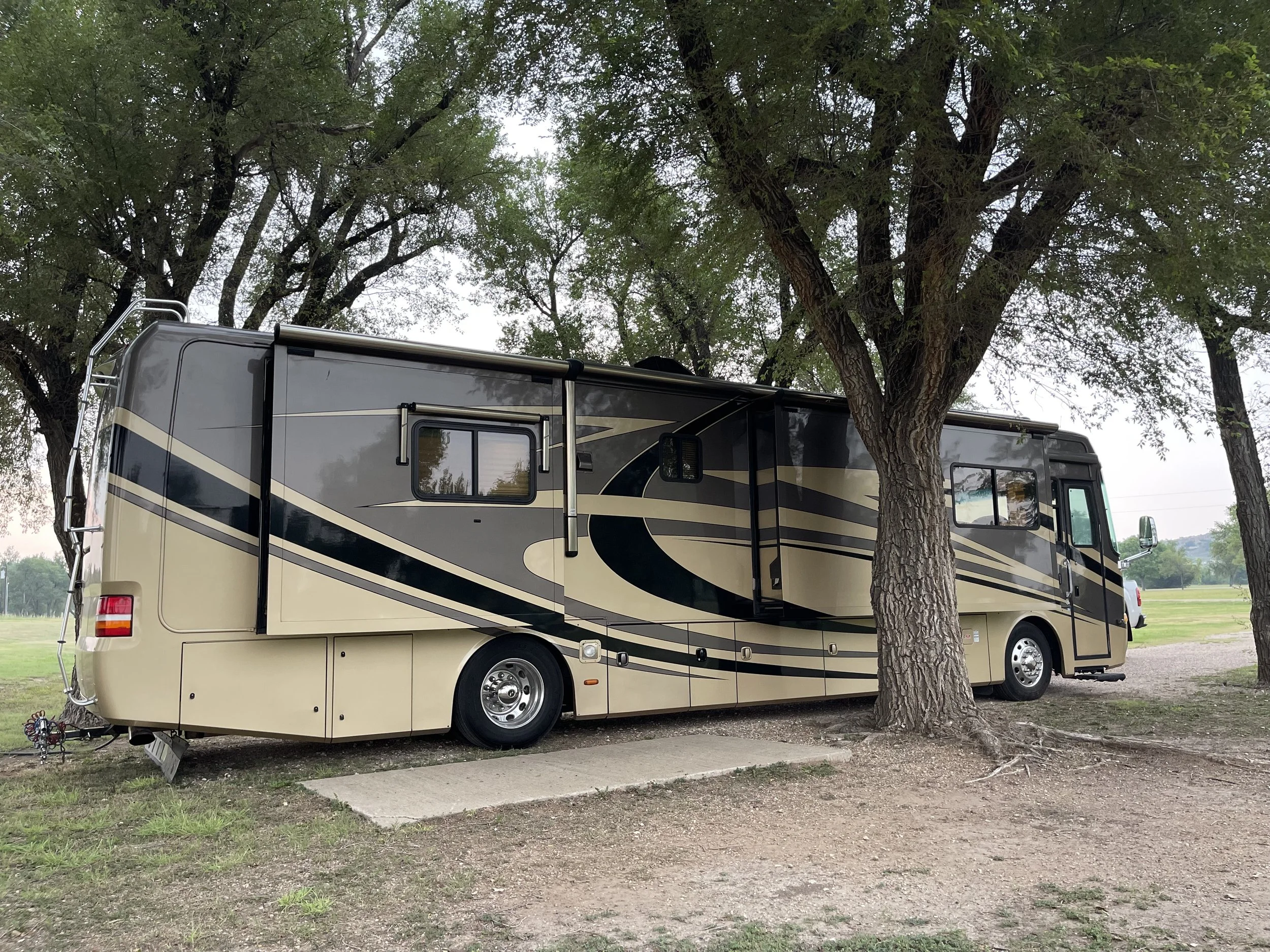 A large motorhome parked on a dirt and concrete surface next to a tree with green leaves. The motorhome is beige with black and cream stripes, and has a window and an external side mirror visible.