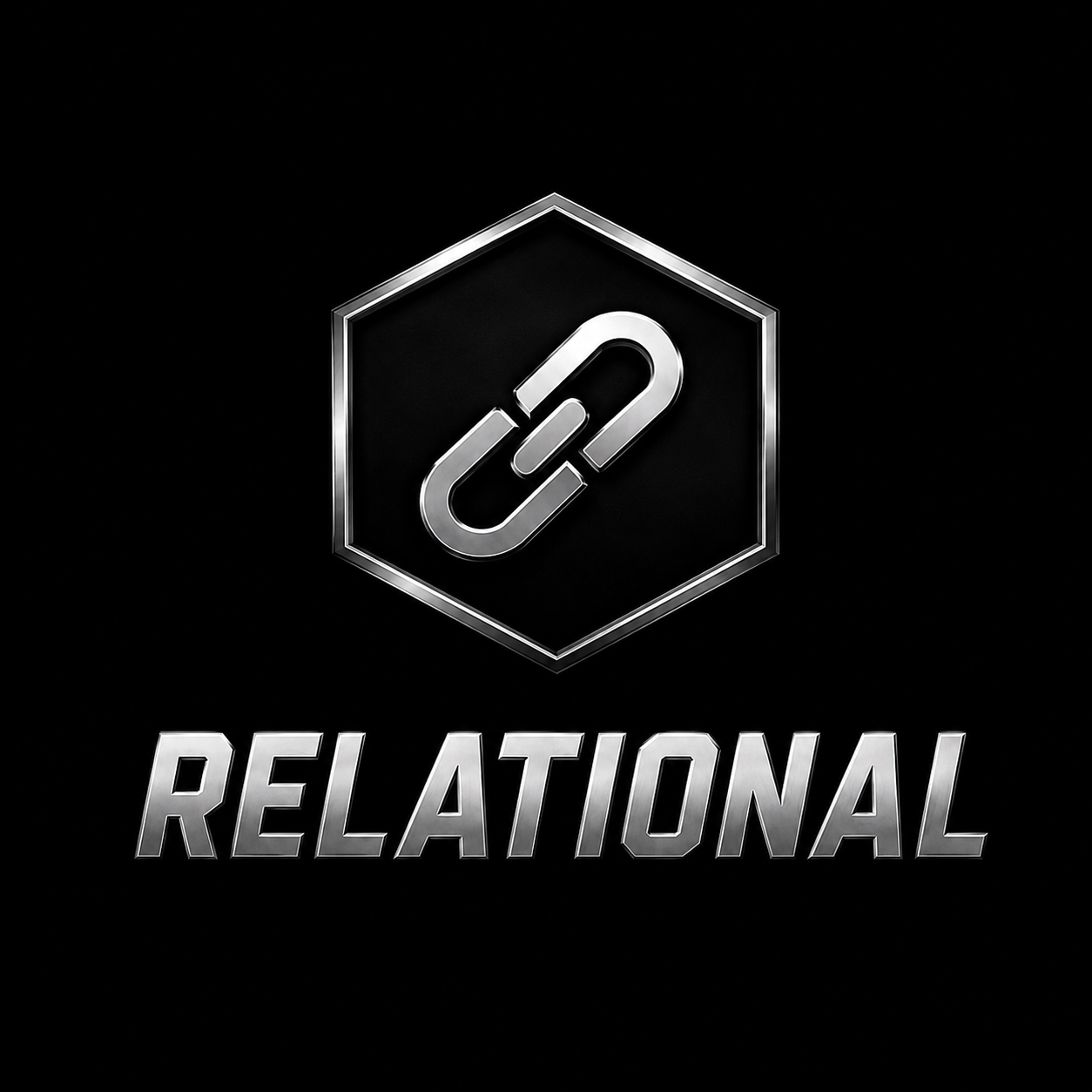 A metallic icon of a chain link inside a hexagon with the word 'RELATIONAL' in bold metallic letters below, set against a black background.