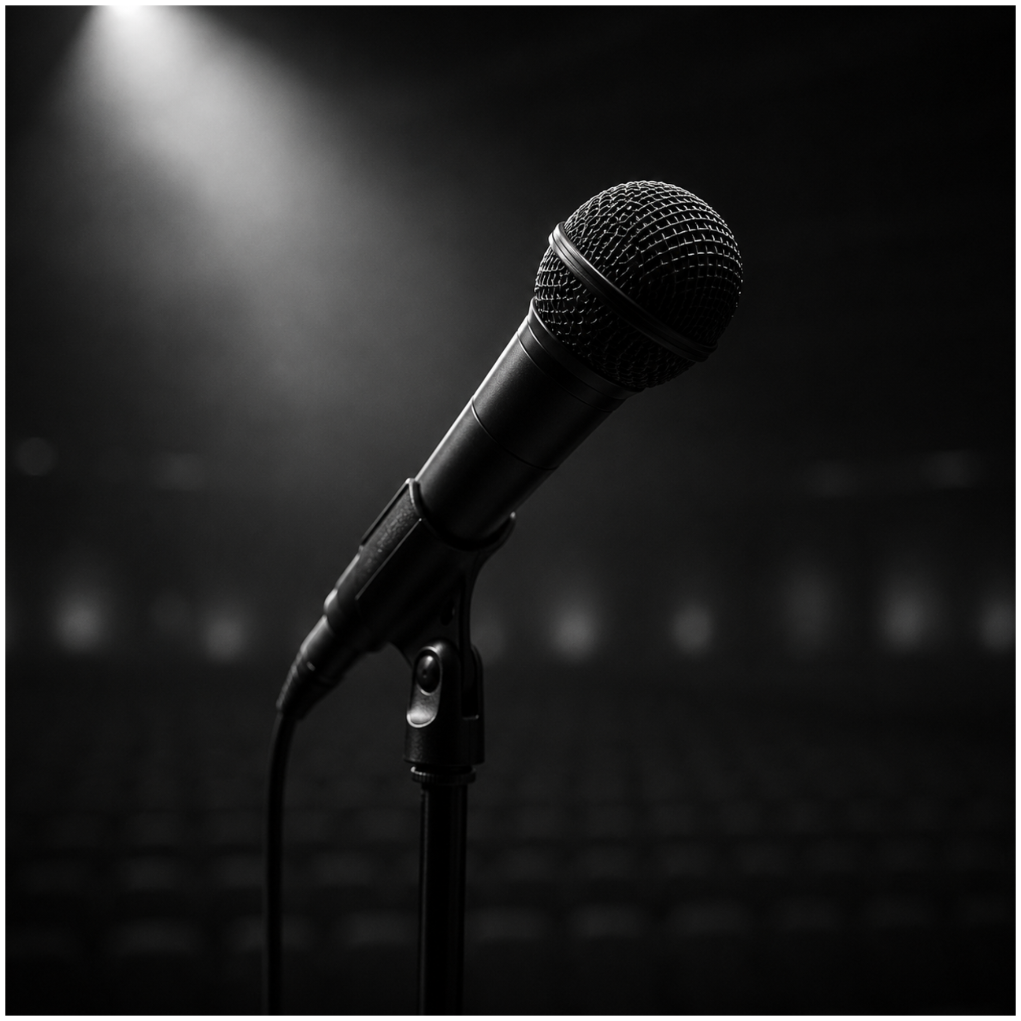 A black microphone on a stand with a metal mesh grille, illuminated by a focused spotlight against a dark background.
