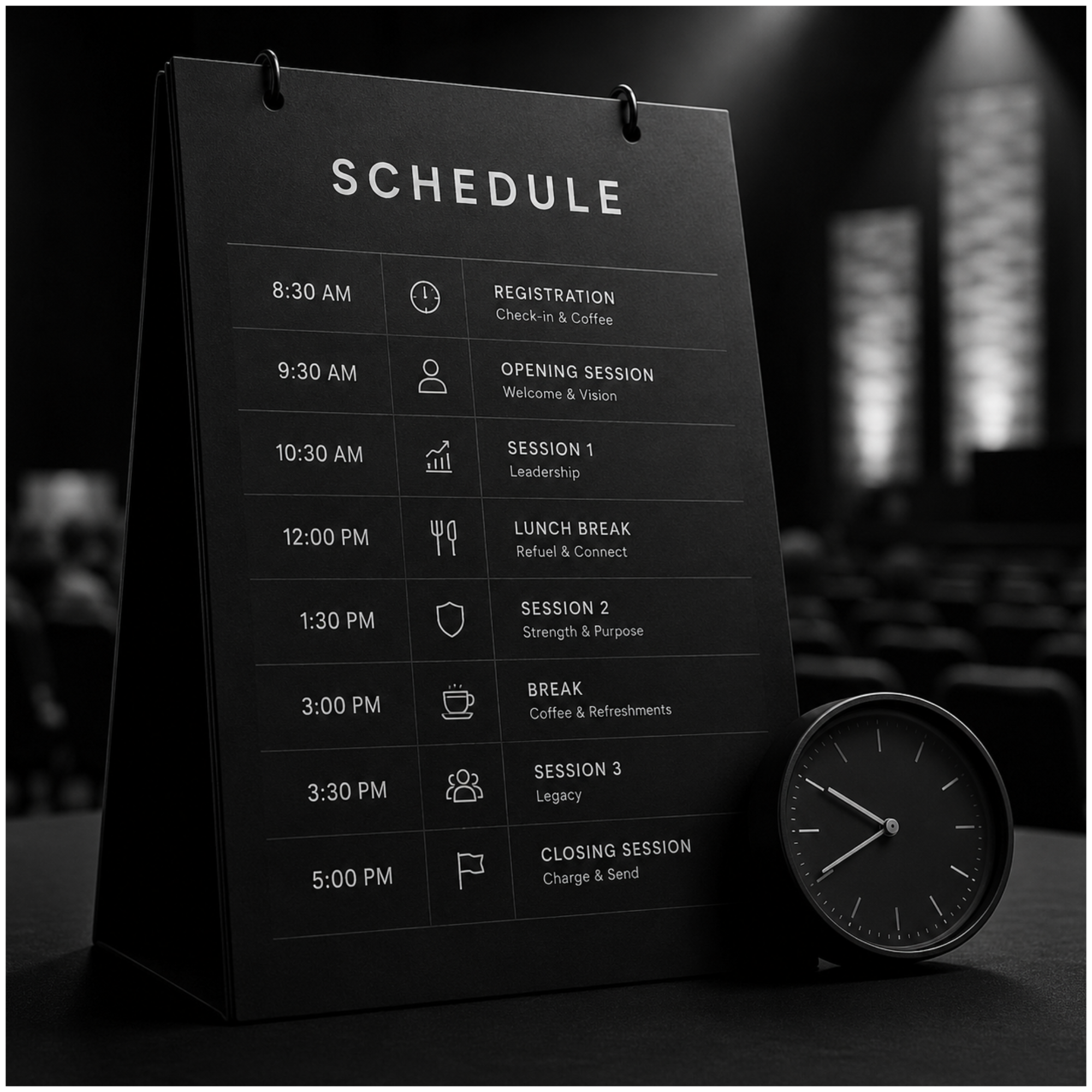A black schedule board with a minimalist design displaying a daily agenda and times from 8:30 AM to 5:00 PM, illuminated by a soft spotlight, with a dark background and a partially visible round clock to the right.