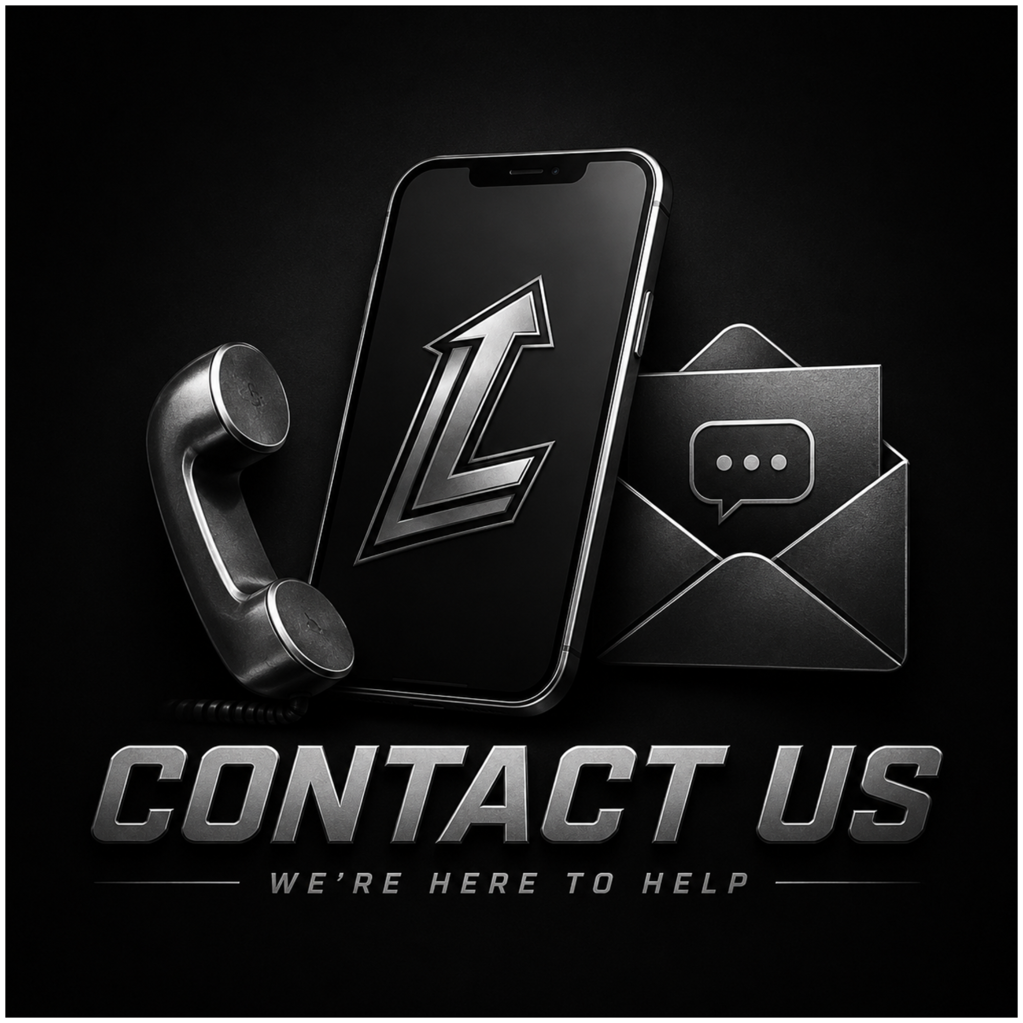 A black background featuring a metal coffee cup on the left, a smartphone in the center with a stylized upward arrow on its screen, and a rectangular block on the right with a speech bubble icon. The words 'CONTRACTUS' are in large metallic letters at the bottom, with smaller text below that reads 'WE’RE HERE TO HELP'.