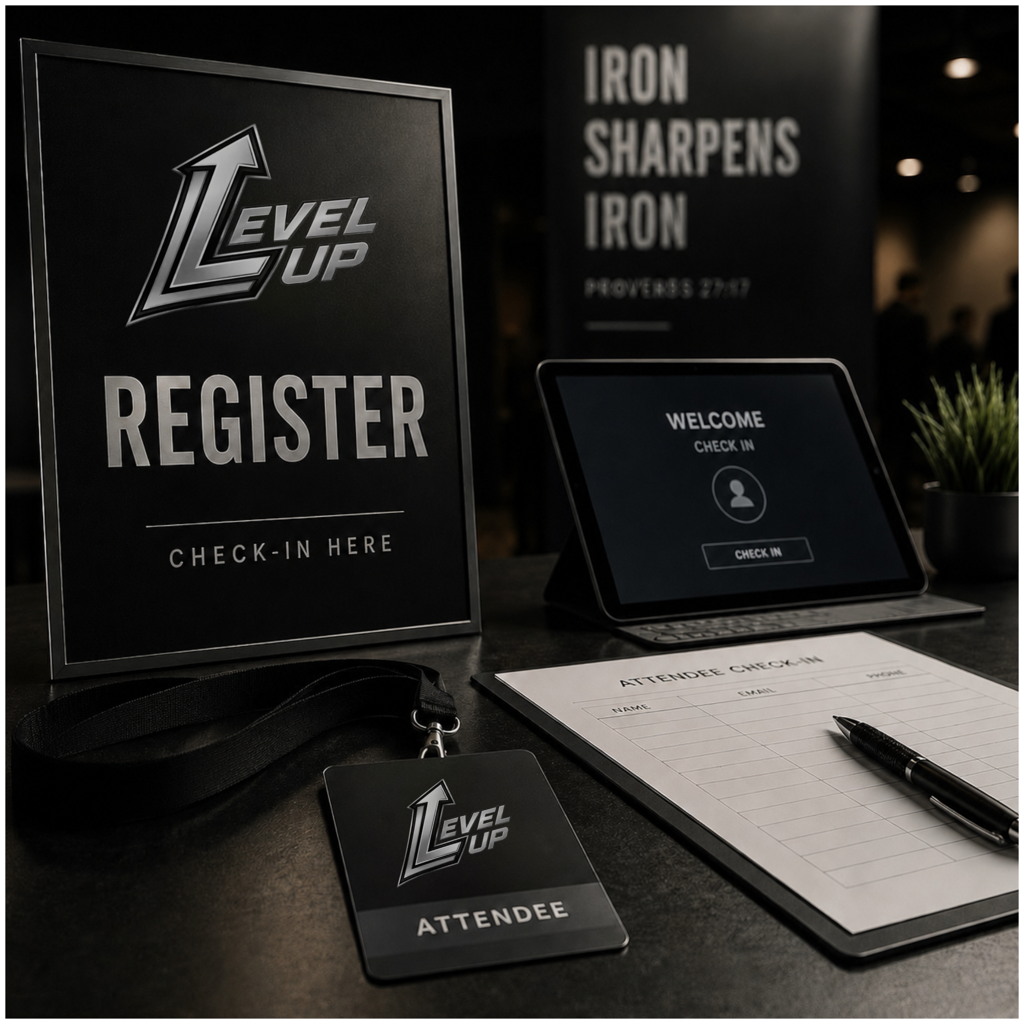 Registration desk with a sign that says 'Level Up' and 'Register,' attendee check-in sheet, pens, and a black lanyard on a dark table, indoors at a conference or event.