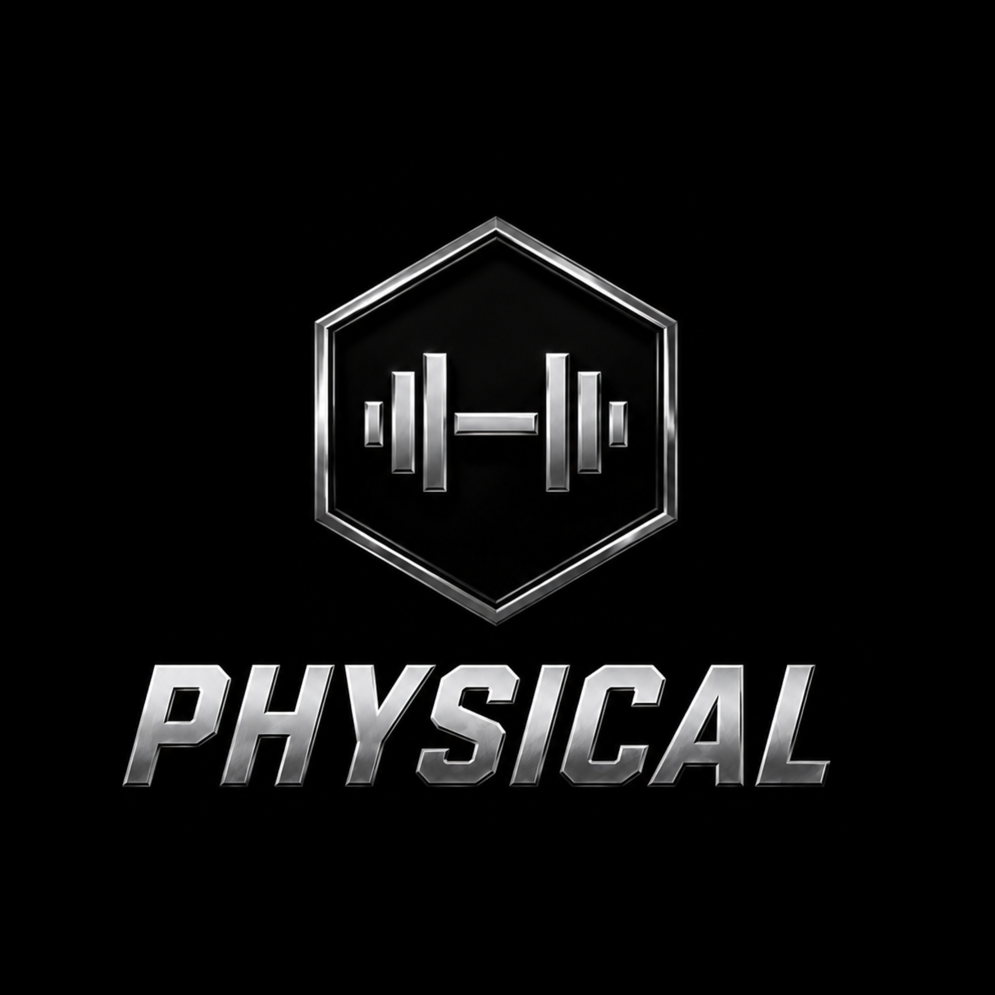 Bold chrome-finished Volkswagen badge with the word 'PHYSICAL' below, set against a black background.