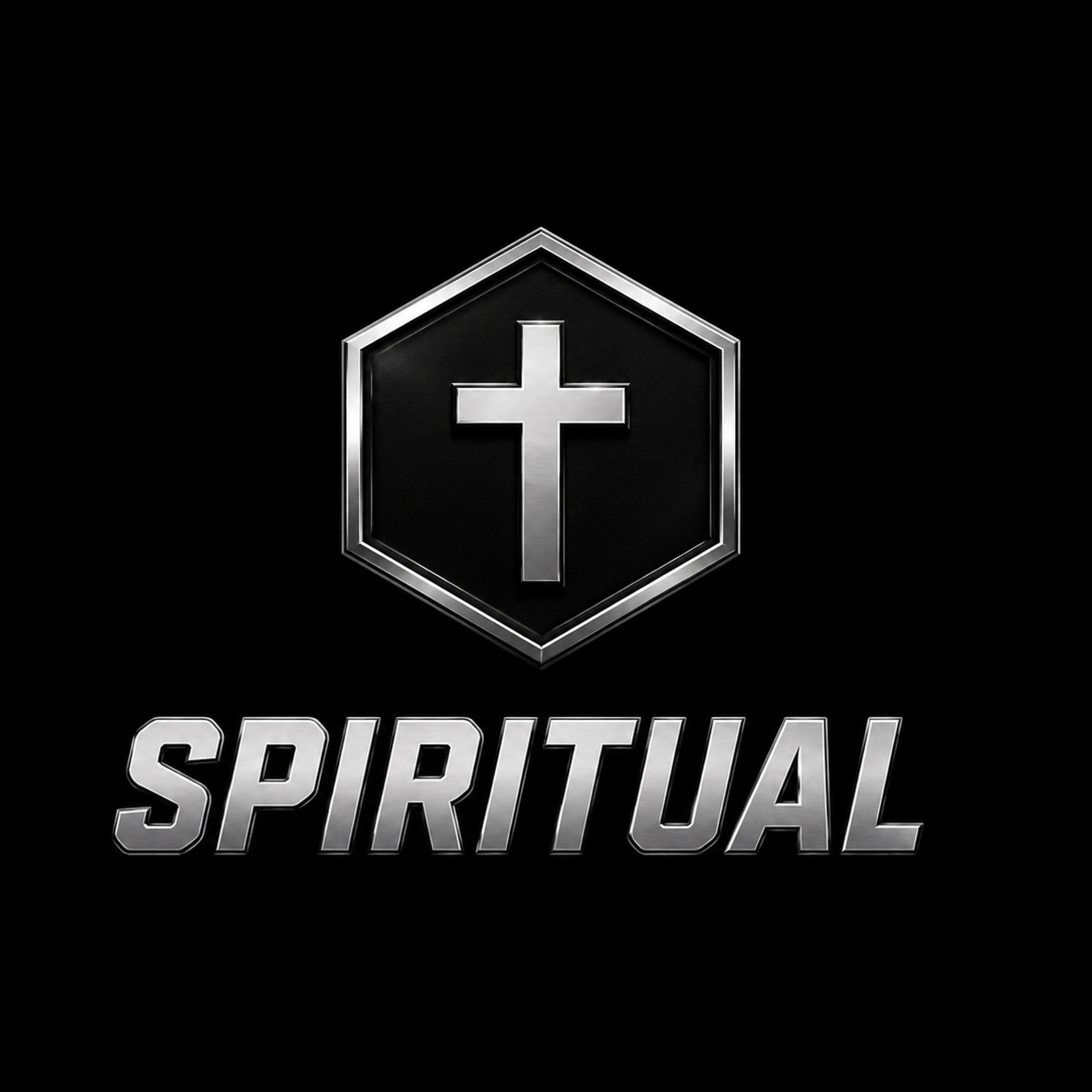 Silver and black badge with a cross in the center and the word 'SPIRITUAL' below.