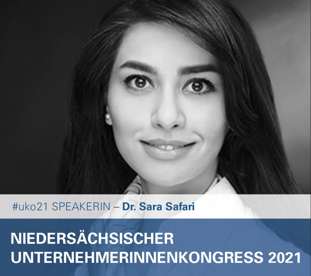 Black and white headshot of Dr. Sara Safari with event details and title of the Niedersächsischer Unternehmerinnentag 2021 conference.