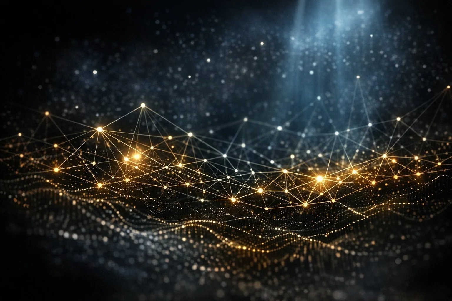 A digital abstract background with interconnected glowing gold and white lines and dots on a dark background, resembling a network or constellation.