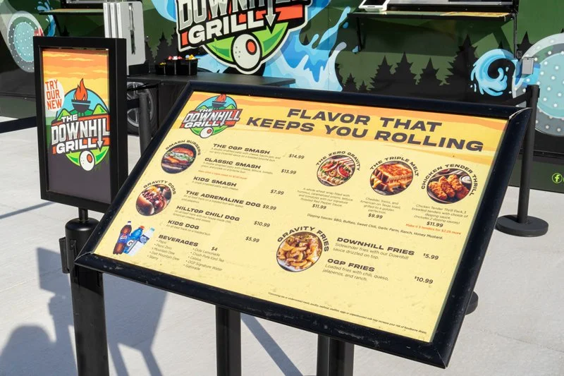 Outdoor menu board for Downhill Grill featuring, Tourism Marketing Smoky Mountains, Sevier County Marketing Agency
