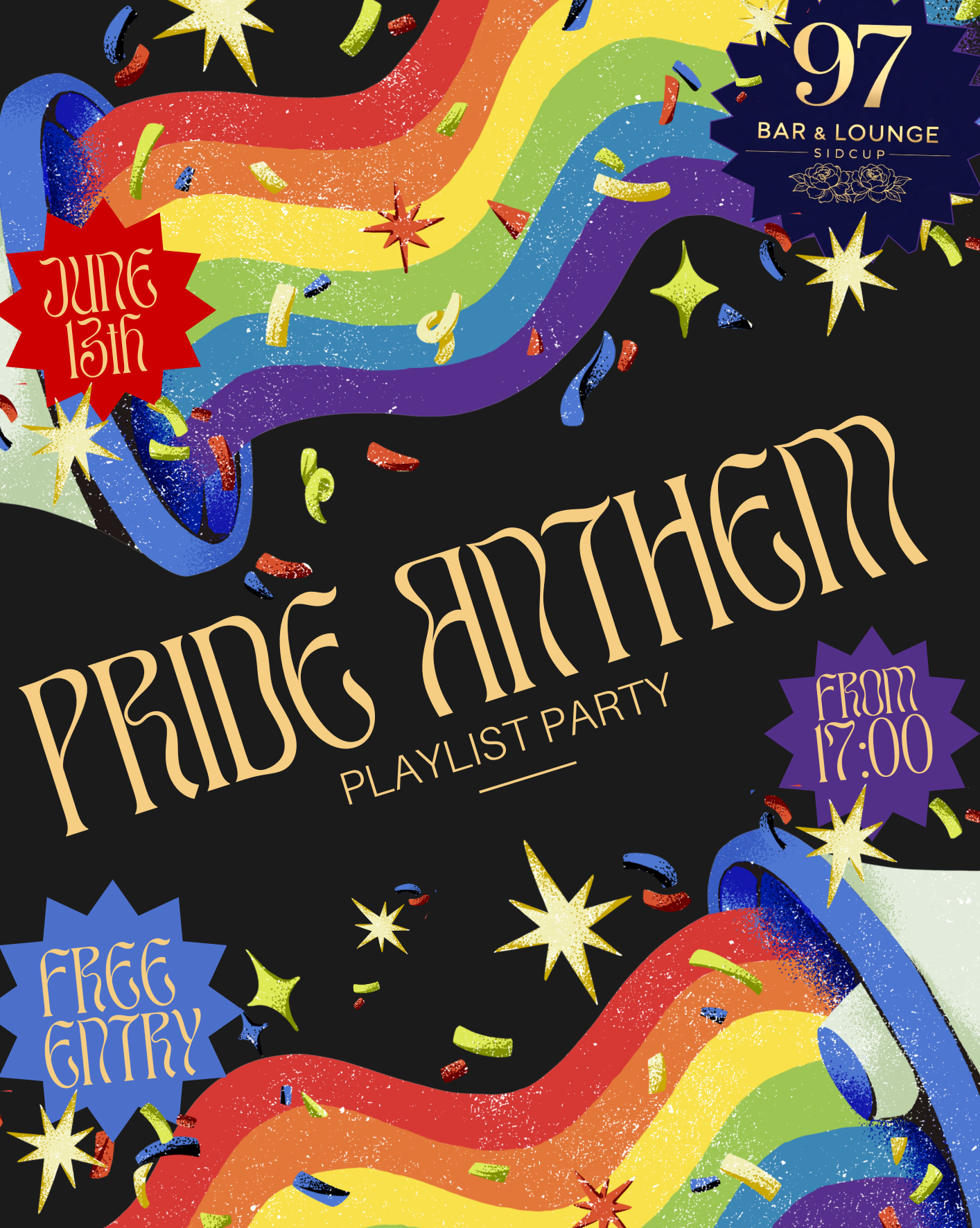 Colorful graphic celebrating pride, with rainbow-colored ribbons, stars, confetti, and event details for a Pride Playlist Party, including date, time, and location, at ninety seven bar & lounge Sidcup Kent 