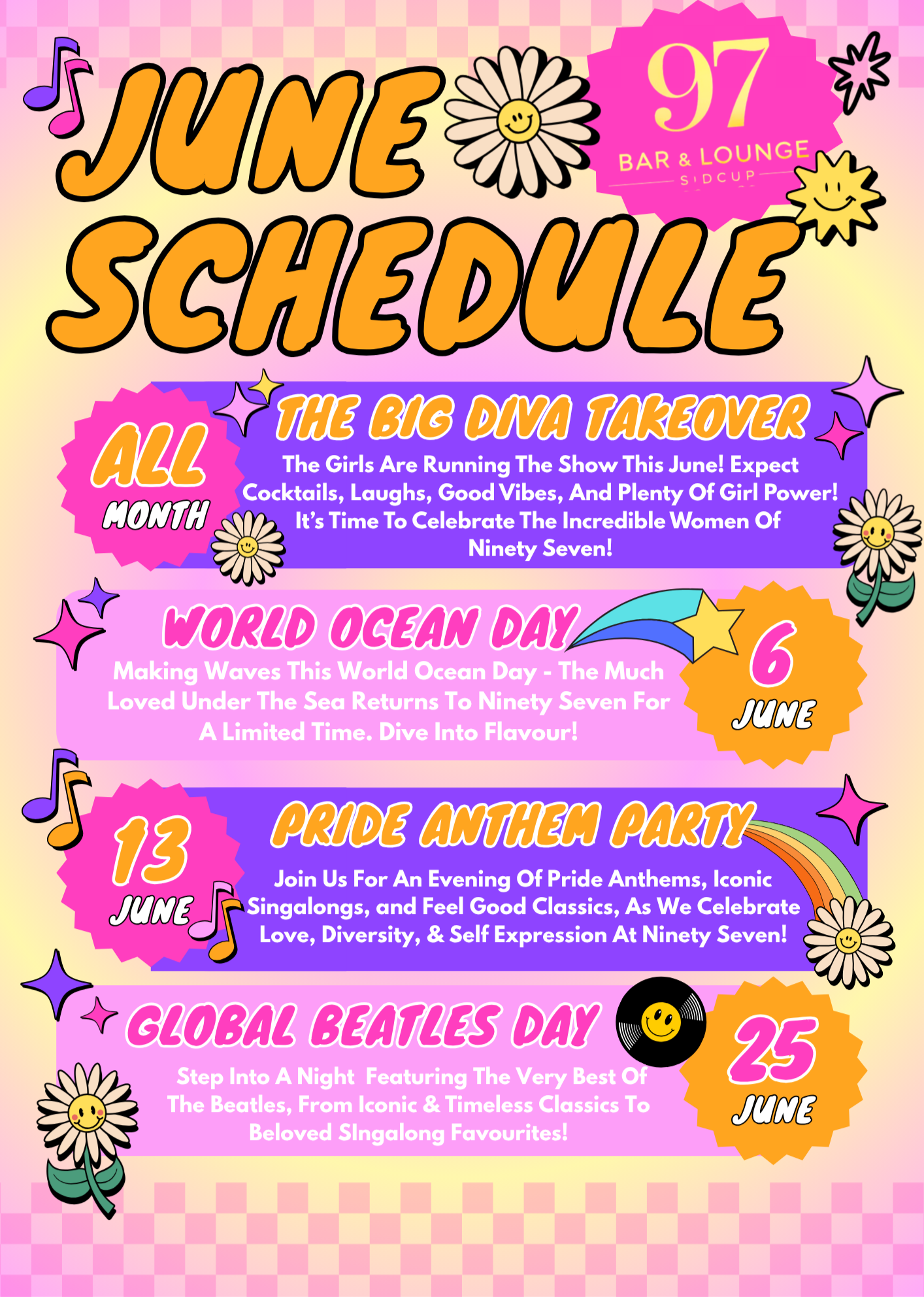 Colorful illustrated June schedule featuring various events such as Pride Anthem Party on June 13, World Ocean Day on June 6, and Global Beatles Day on June 25, including decorative flowers, stars, rainbows, musical notes, and background of pink chec