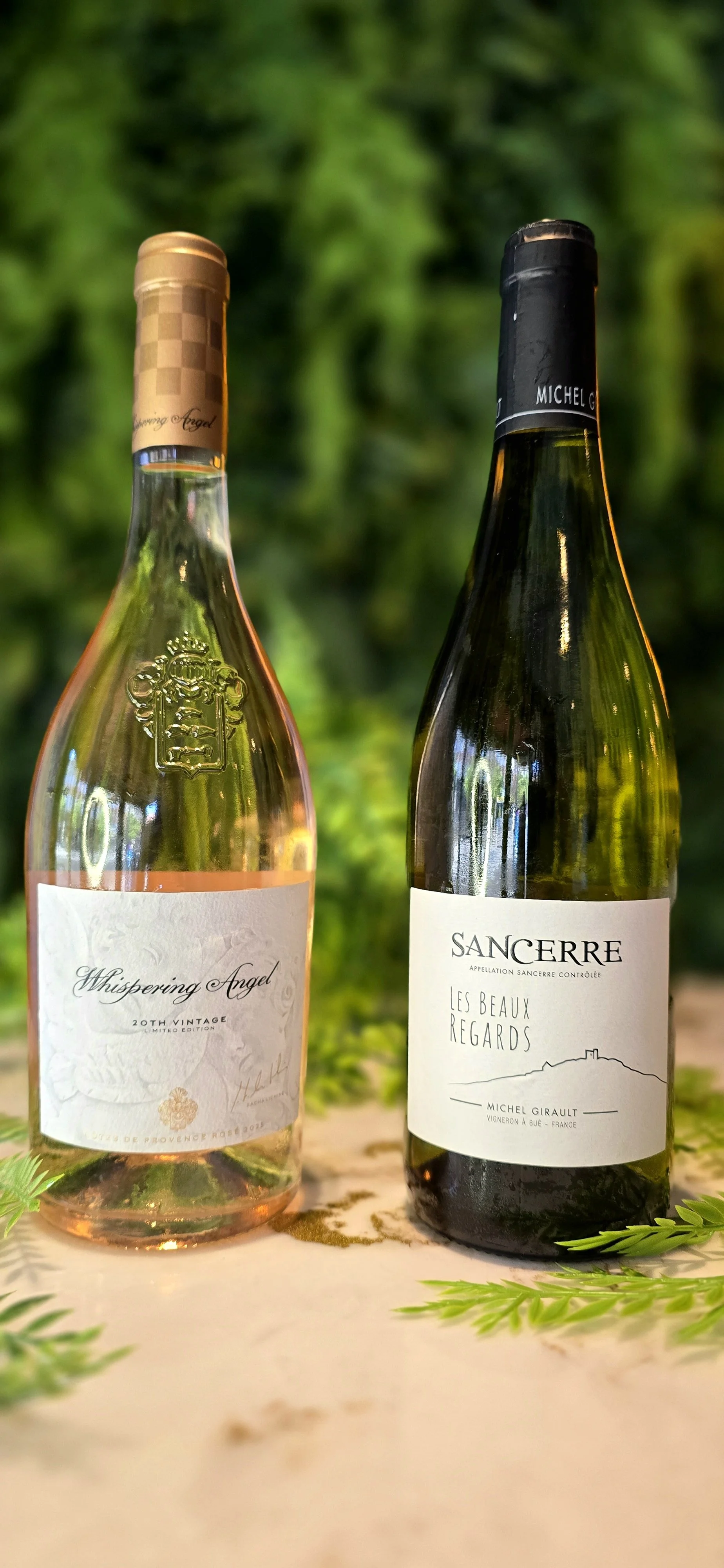 Two bottles of wine, one rosé and one red, are placed on a light-colored surface with green foliage in the background. The rosé bottle on the left has a light pink hue and a gold top, while the red wine bottle on the right has a dark label and a black top.