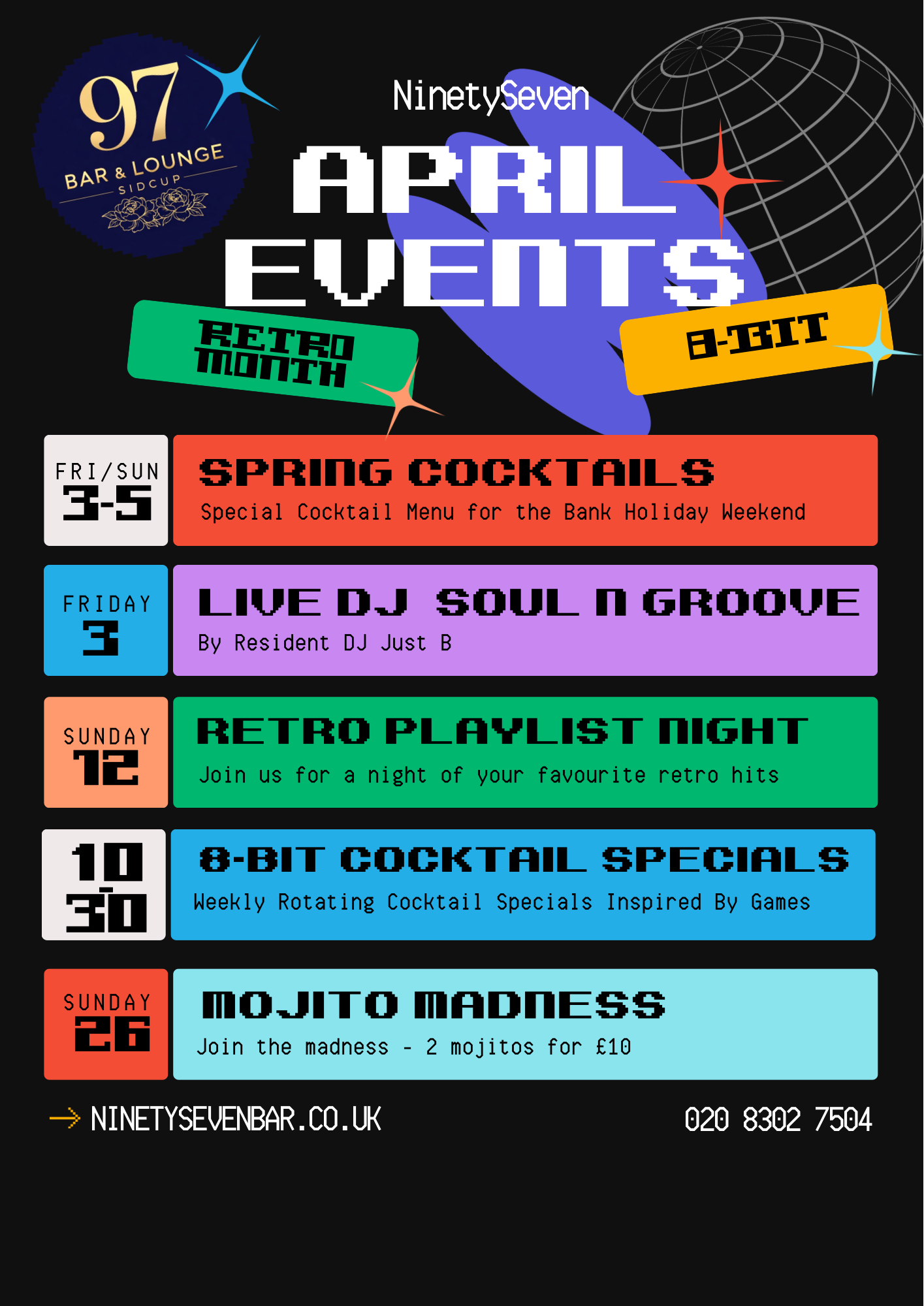 A colorful digital poster advertising weekly cocktail events at a bar called NinetySeven Bar & Lounge. The poster lists various themed nights including Retro Night, Spring Cocktails, DJ Soul n Groove, and Mojito Madness from March 3rd to March 26th, 