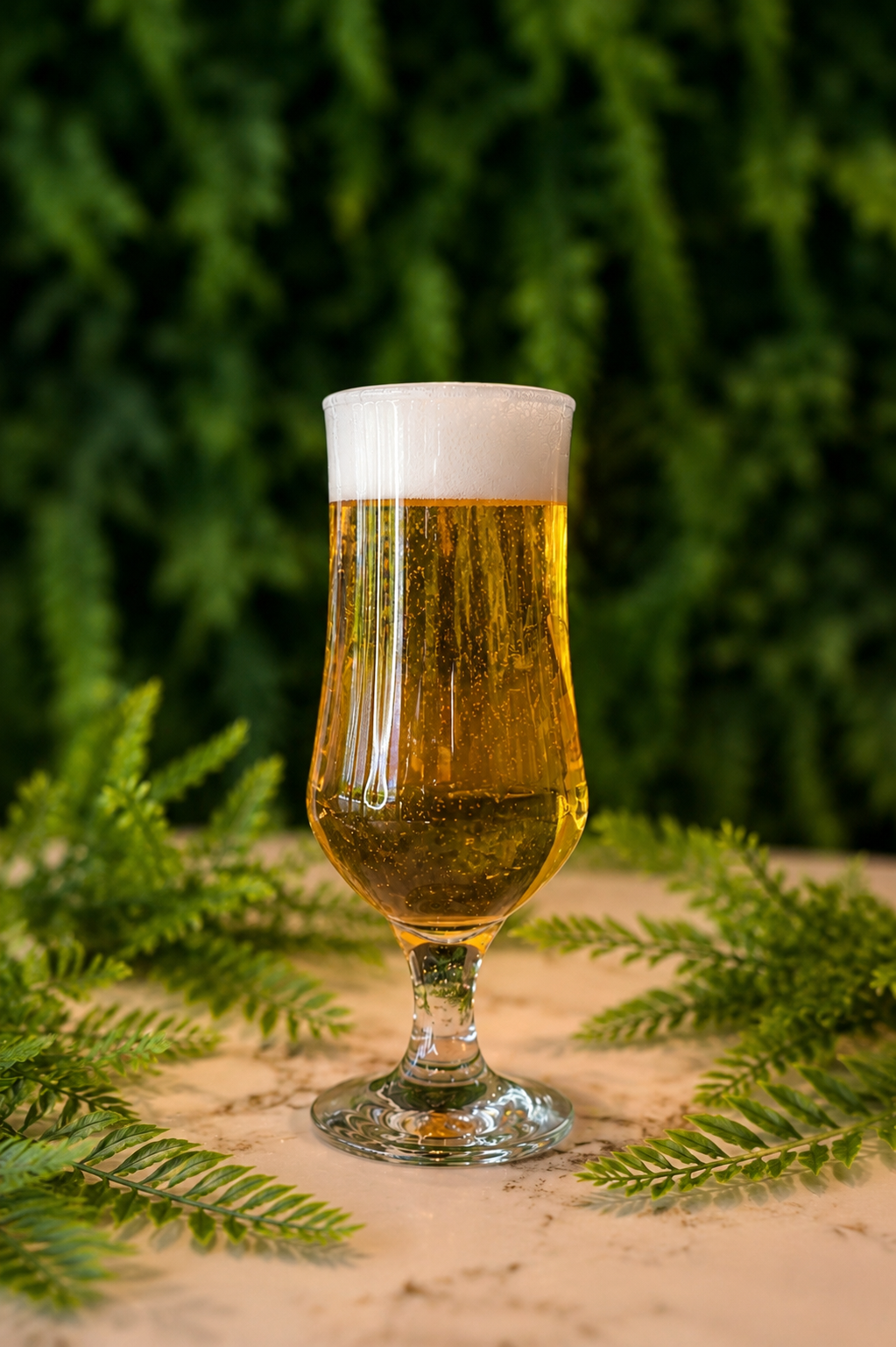 A glass of beer with foam on top, placed on a marble surface with green fern leaves around it, against a blurred green leafy background. Draft beer available at Ninety Seven Bar Sidcup Kent.