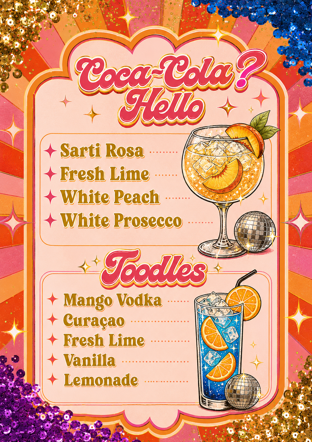 A colorful custom menu with a pink and orange background, decorated with gold and purple sequins, featuring drinks custom cocktails for a private hire event at ninety seven bar Sidcup Kent