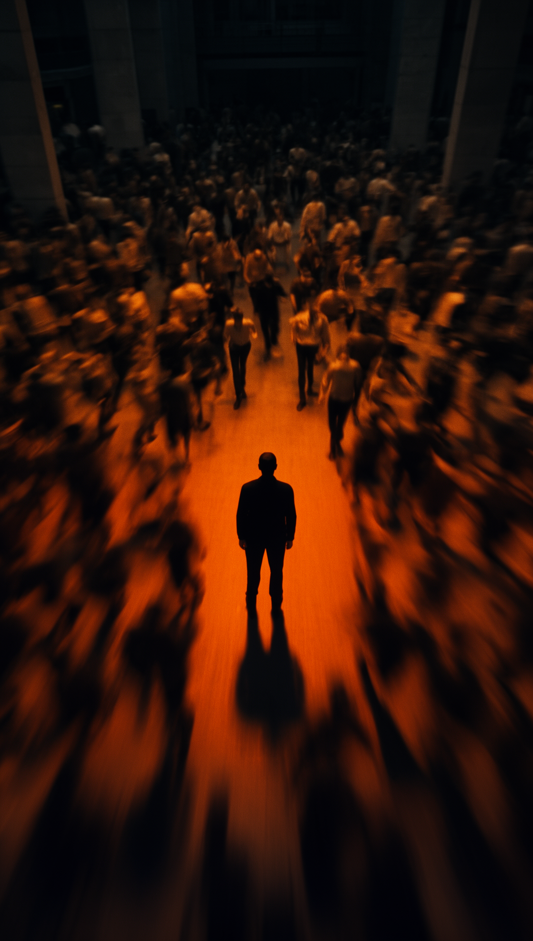 Hombre de traje de pie en un pasillo con multitud de personas a su alrededor, en un ambiente oscuro y dramático.