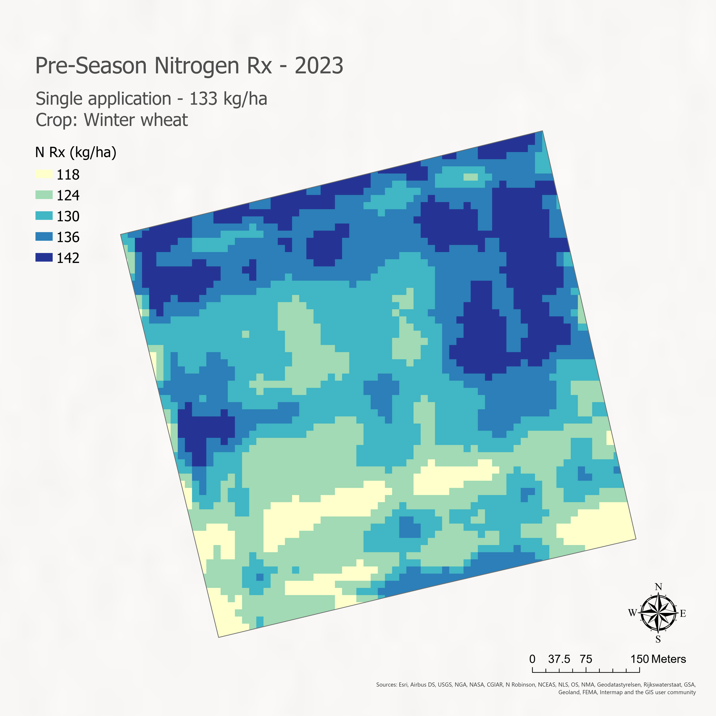 Color-coded map of winter wheat fields showing nitrogen application rates in kilograms per hectare, with a scale and compass for orientation.
