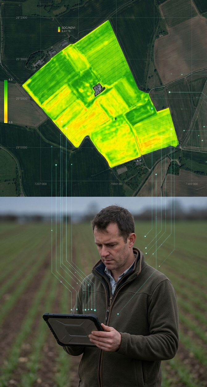 A farmer in a field looking at a digital tablet, with an overlay of data and network graphics. The top shows a satellite image of farmland with color-coded crop health data.