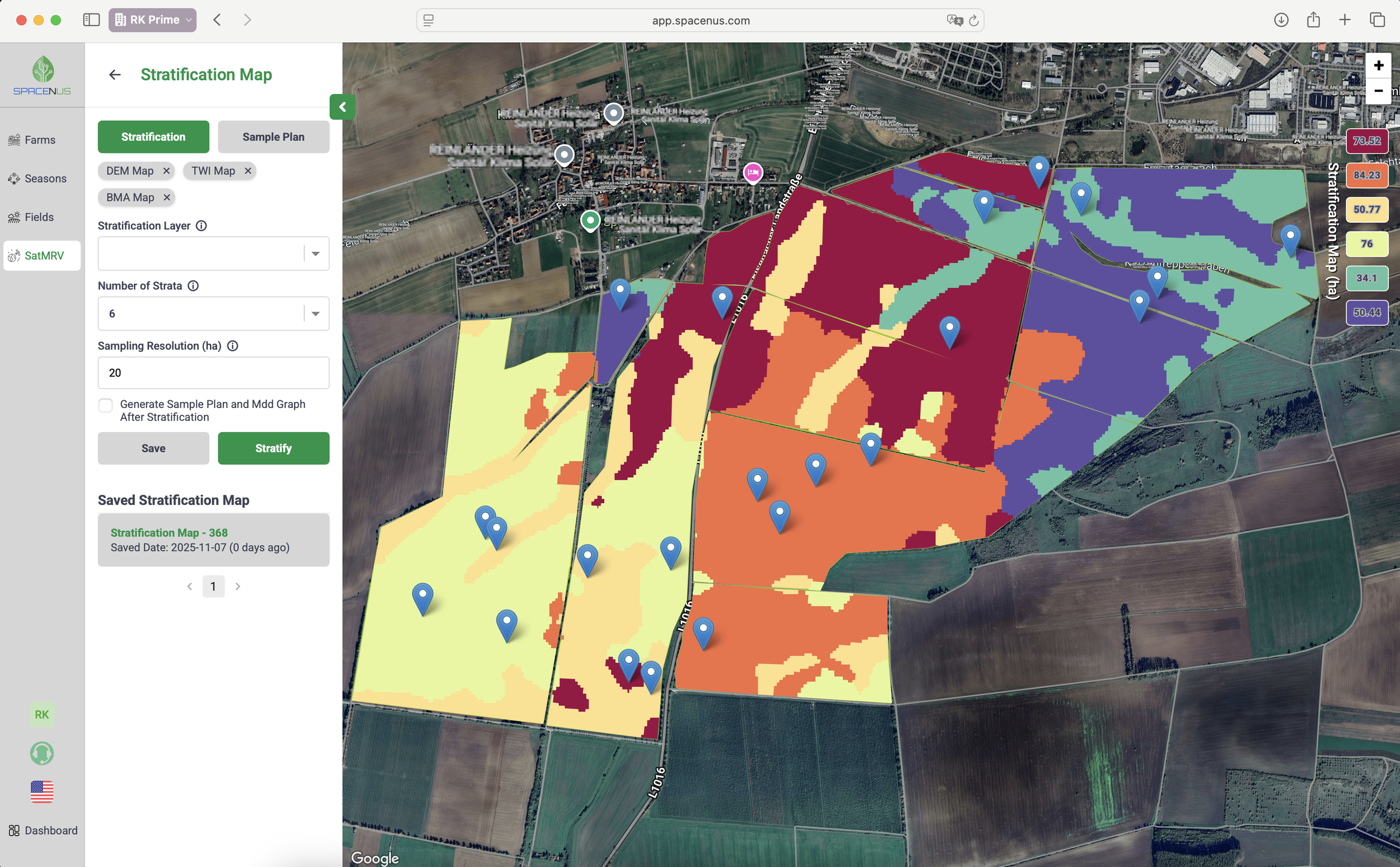 An aerial map of farmland with various color-coded sections and multiple blue location markers, showing stratification data overlay in Google Maps.