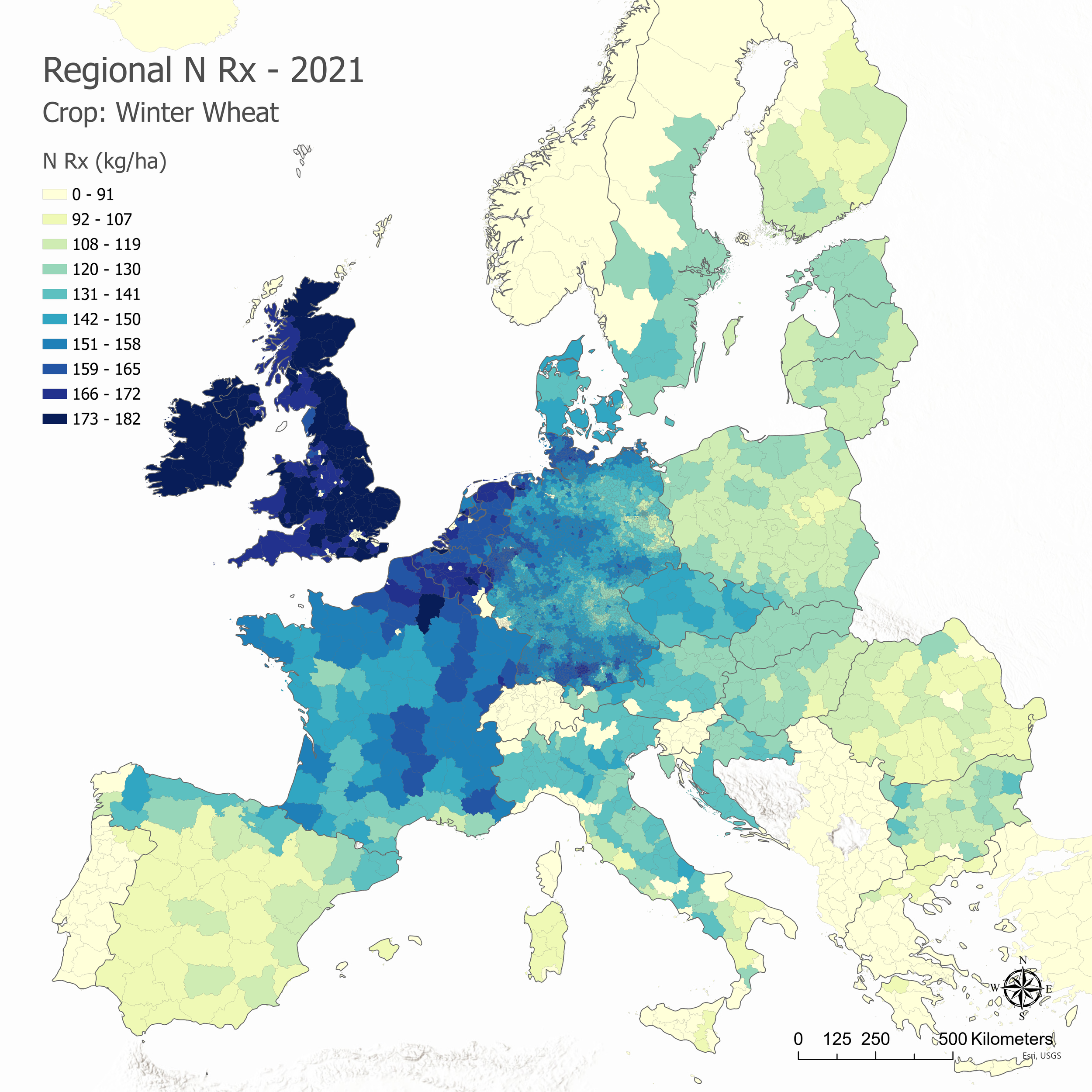 Map showing regional winter wheat nitrogen fertilizer application rates in 2021, with color coding indicating nitrogen levels in kg/ha across various regions of Europe and parts of Asia.