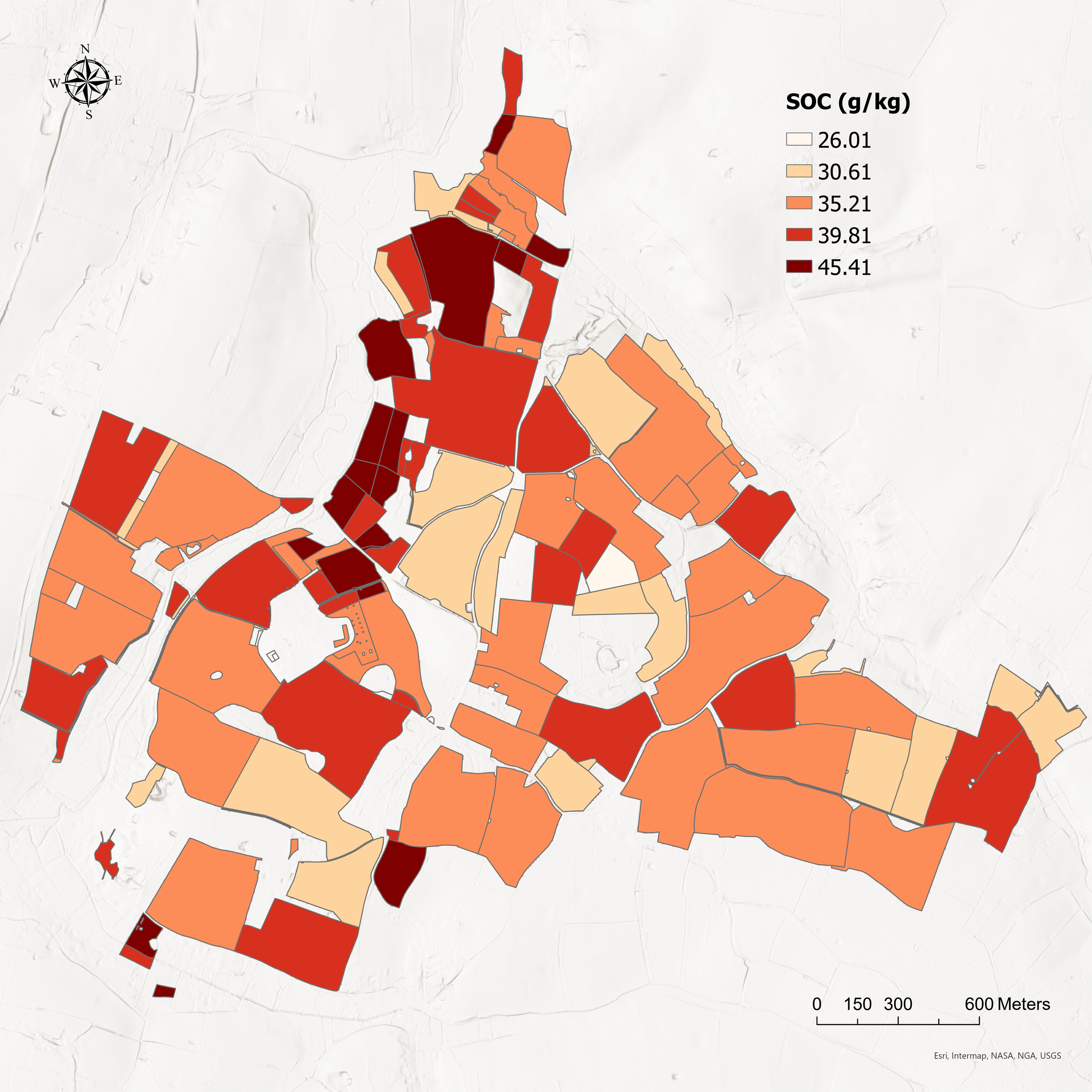 Color-coded map of a city showing different regions with different shades of orange and red, indicating varying levels of supposed resource or activity, with a legend on the right displaying values from 26.01 to 45.41, and a north compass in the top left corner.
