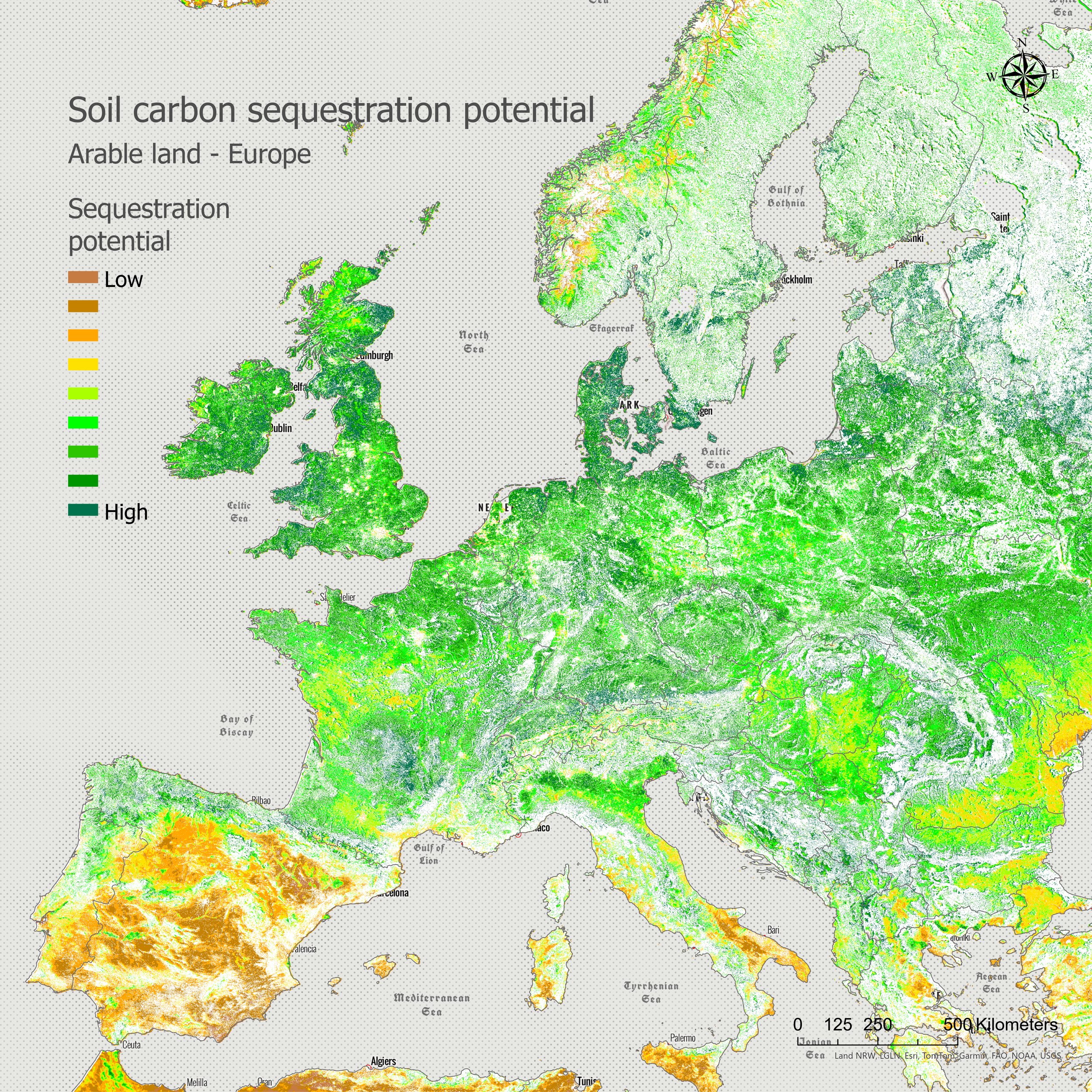 Map of Europe displaying soil carbon sequestration potential across different regions, with color codes from low (brown) to high (green) potential.