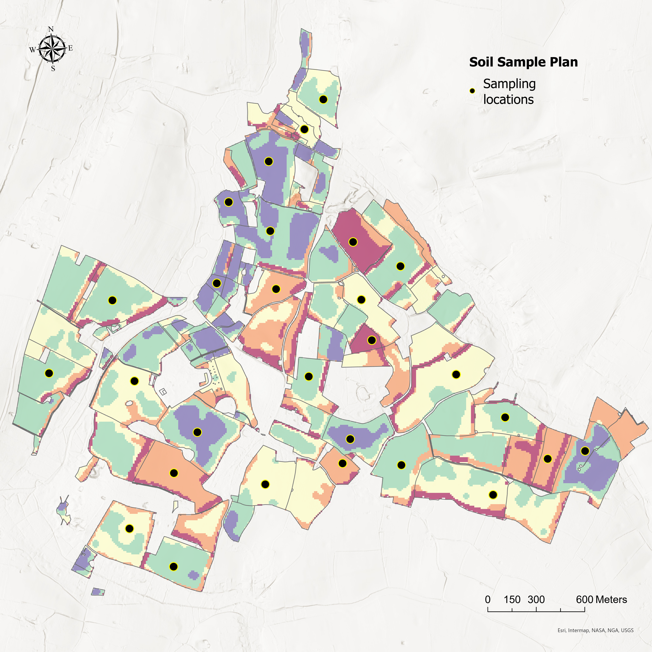 A detailed map titled 'Soil Sample Plan' showing various colored regions with black dots indicating sampling locations. The map has a circular compass in the top left and a scale bar at the bottom right, with data sources listed as Esri, Intermap, NASA, NGA, and USGS.