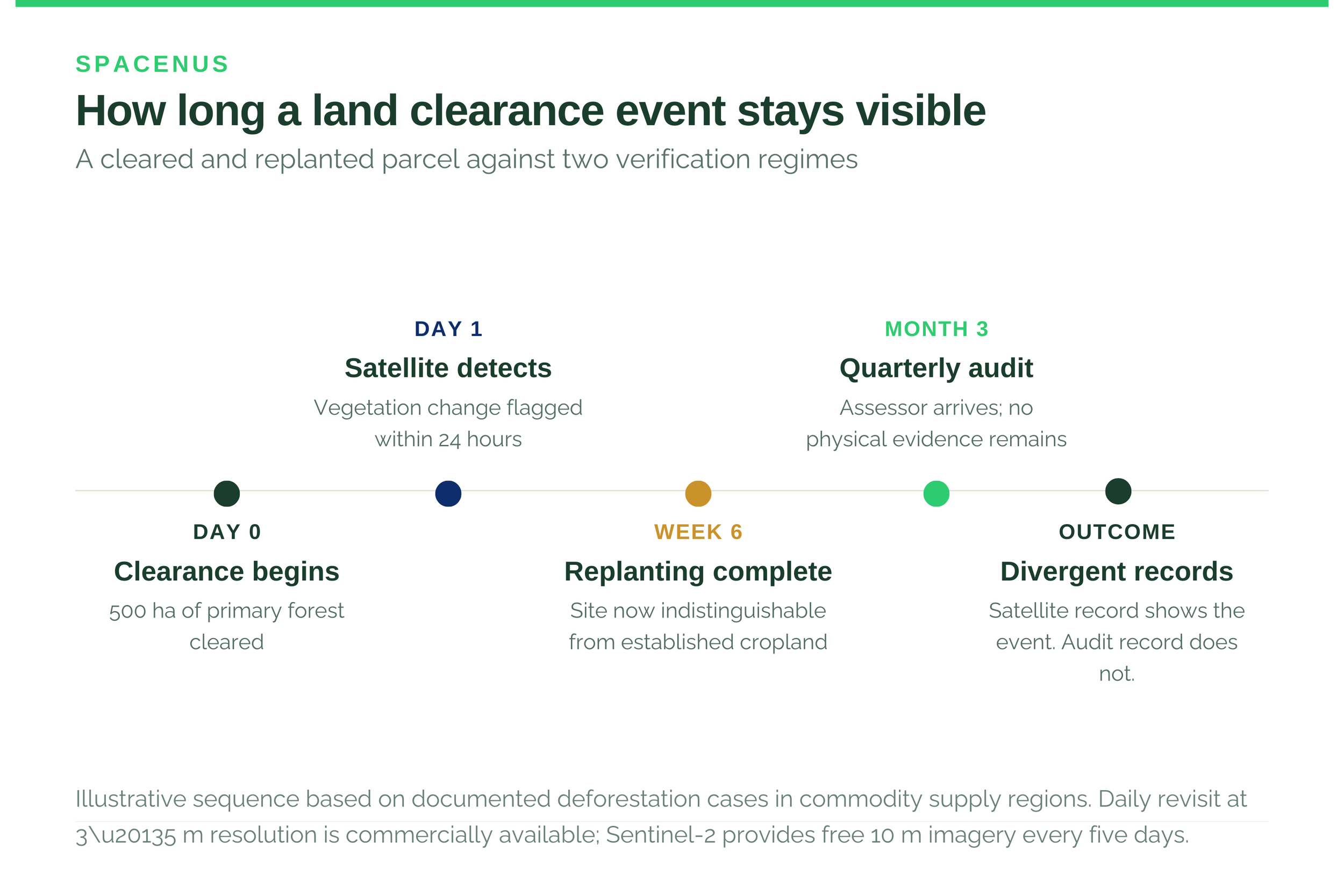 Detection window for a land clearance event: quarterly sample audit compared with daily satellite revisit