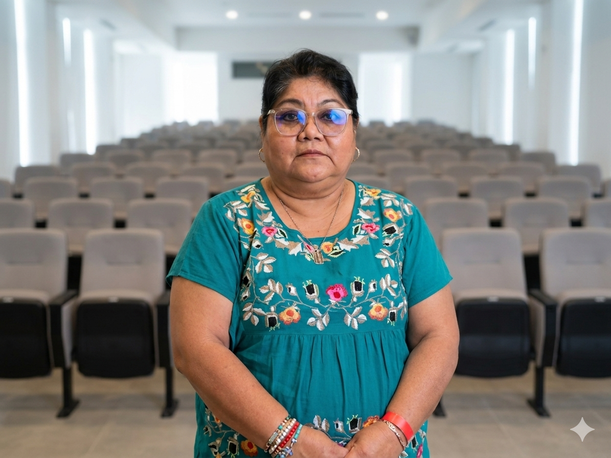 Una mujer con gafas y camiseta de color turquesa con bordados florales, de pie en un auditorio con sillas vacías.