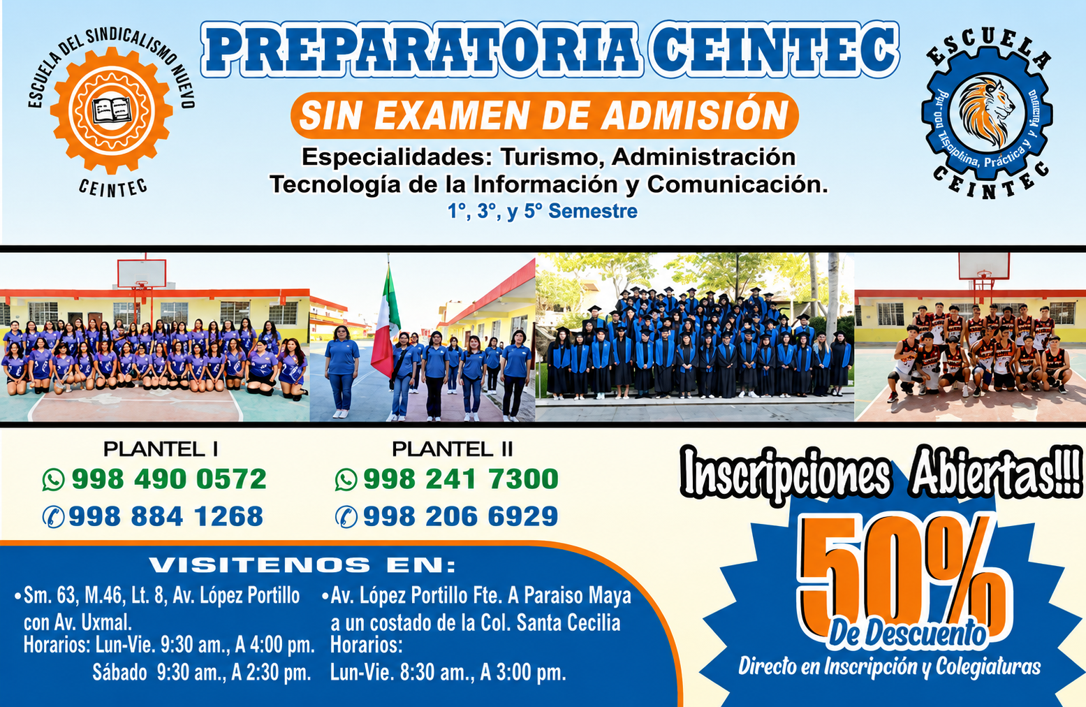 Información sobre PREPARATORIA CEINTEC, sin examen de admisión, con fotos de estudiantes en diferentes actividades, logotipos, y detalles de contacto y ubicación.
