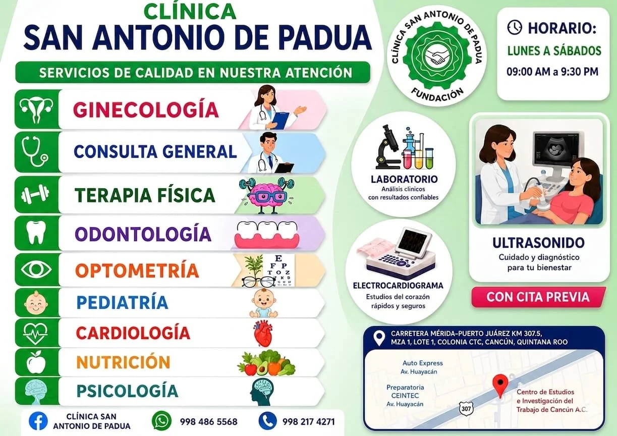 Cartel de la clínica San Antonio de Padua con servicios médicos disponibles, horarios, ubicación y detalles de contacto.
