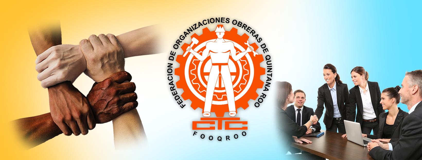 Manos de diferentes tonos de piel entrelazadas en símbolo de unión a la izquierda, logotipo de la Federación de Organizaciones Obreras de Quintero Raro en el centro, y grupo de personas en reunión de trabajo a la derecha.