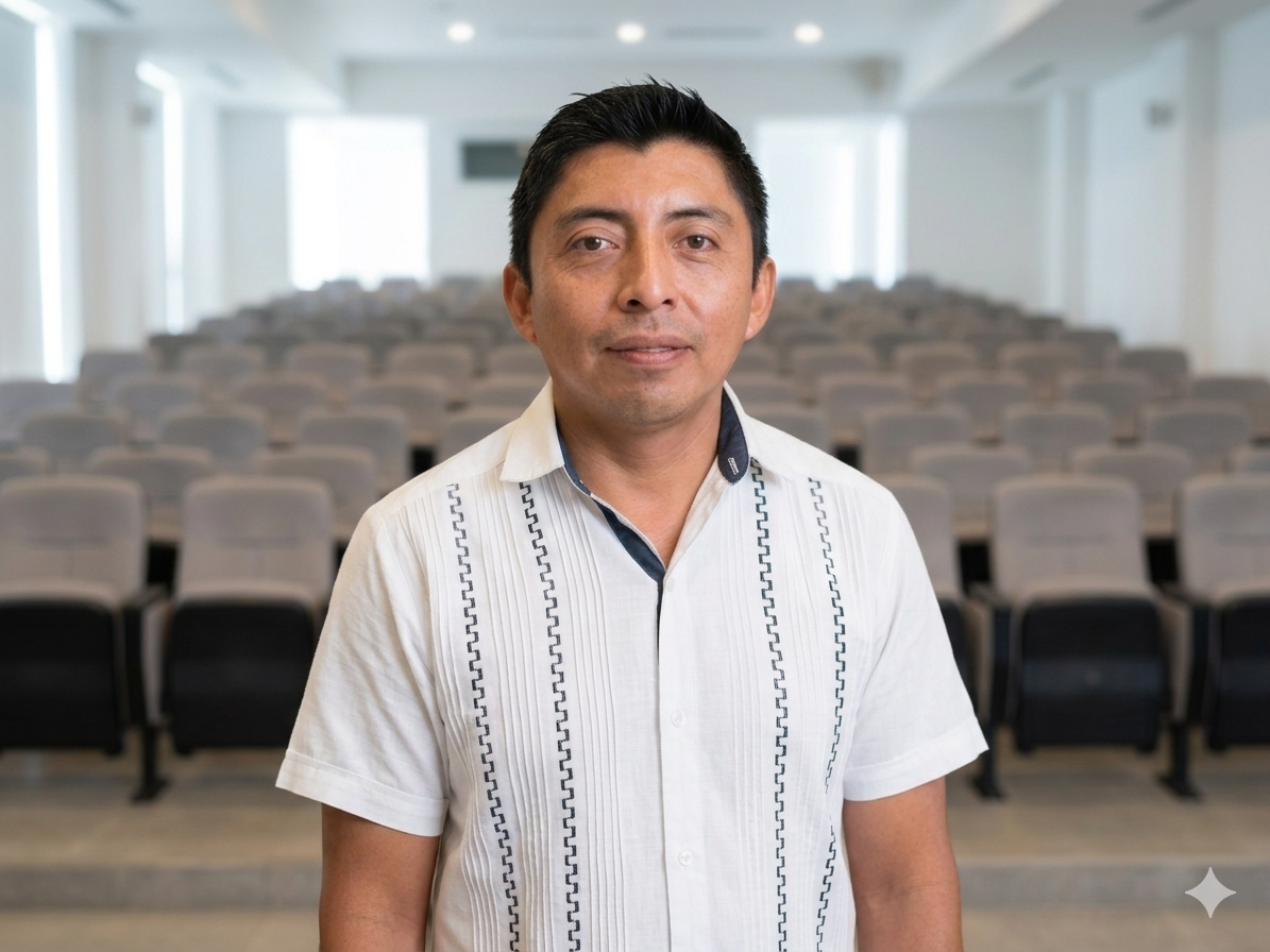Hombre con camisa blanca de manga corta en una sala de conferencias vacía.