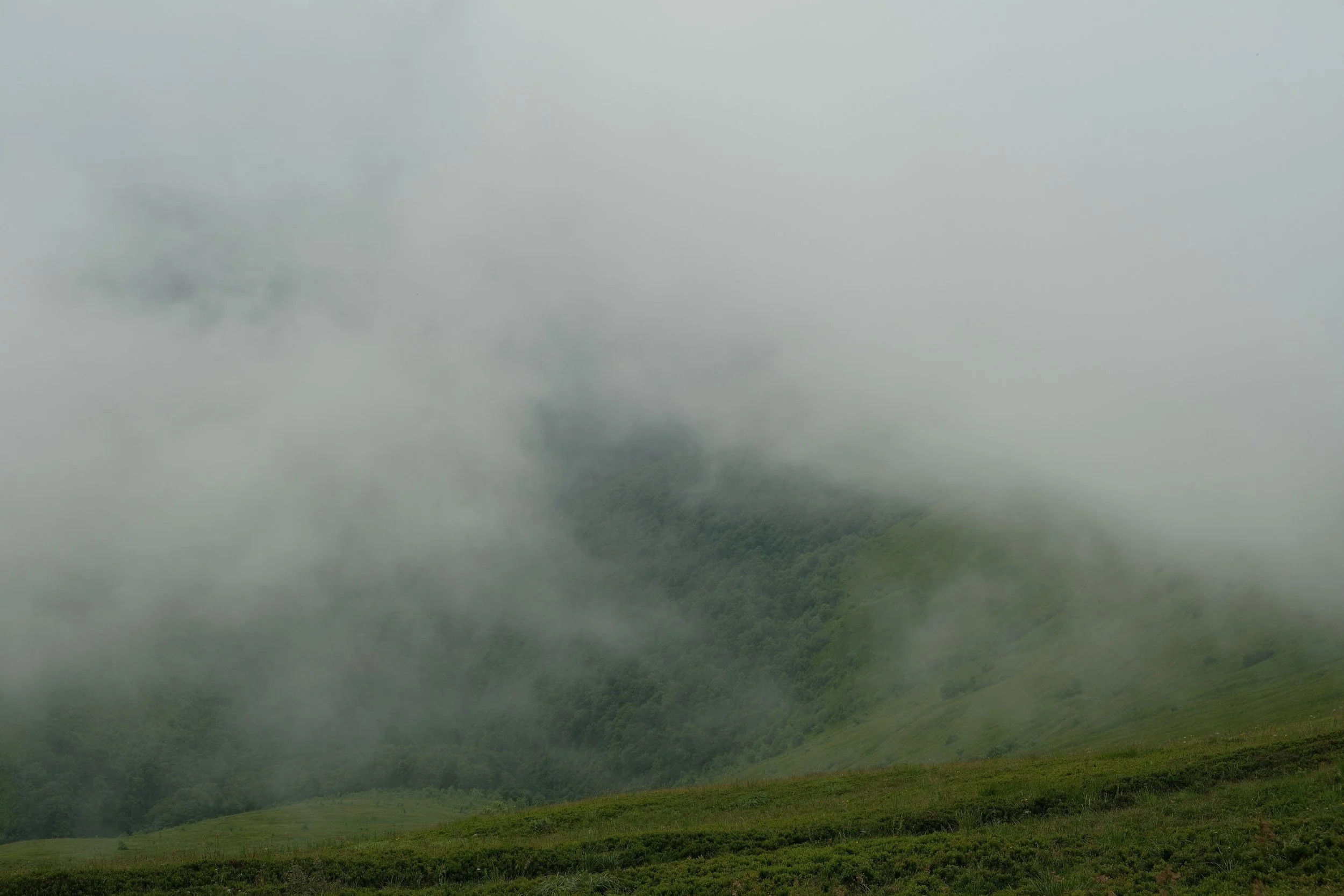 A foggy landscape with green hills and forested mountains in the distance, partially obscured by low clouds or mist.