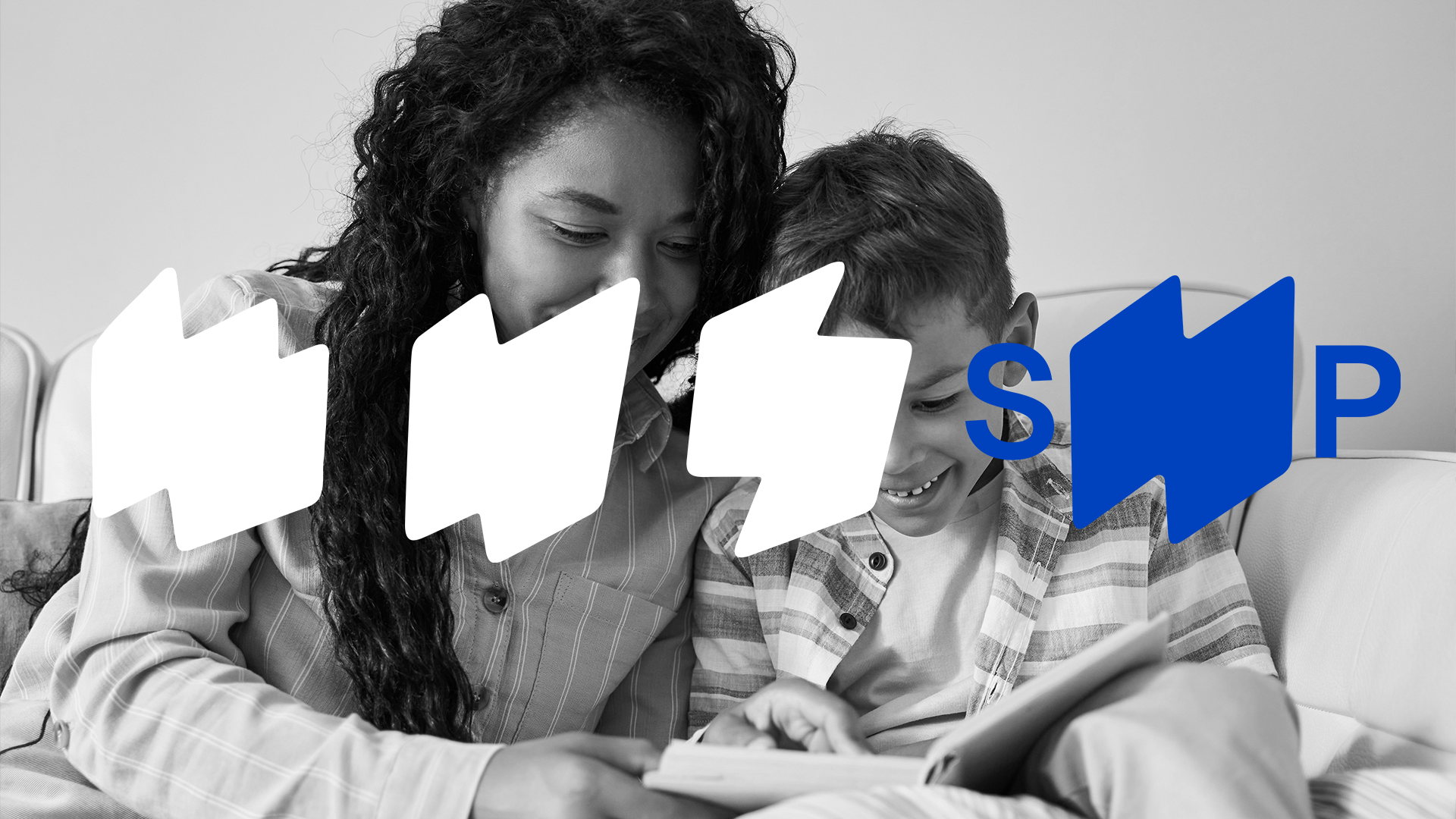 A woman and a young boy sitting on a sofa, smiling and looking at a tablet, with overlay icons of a speech bubble, a video camera, and a pause button.