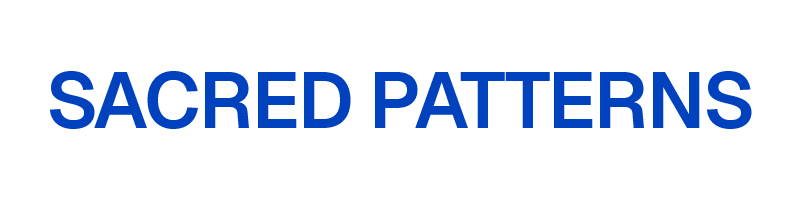 Text reading 'SACRED PATTERNS' in bold blue letters on a white background.