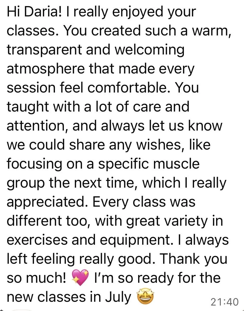 a screenshot of a written thank you message expressing appreciation for a fitness class, mentioning the creation of a warm and welcoming atmosphere and the variety of exercises and equipment used