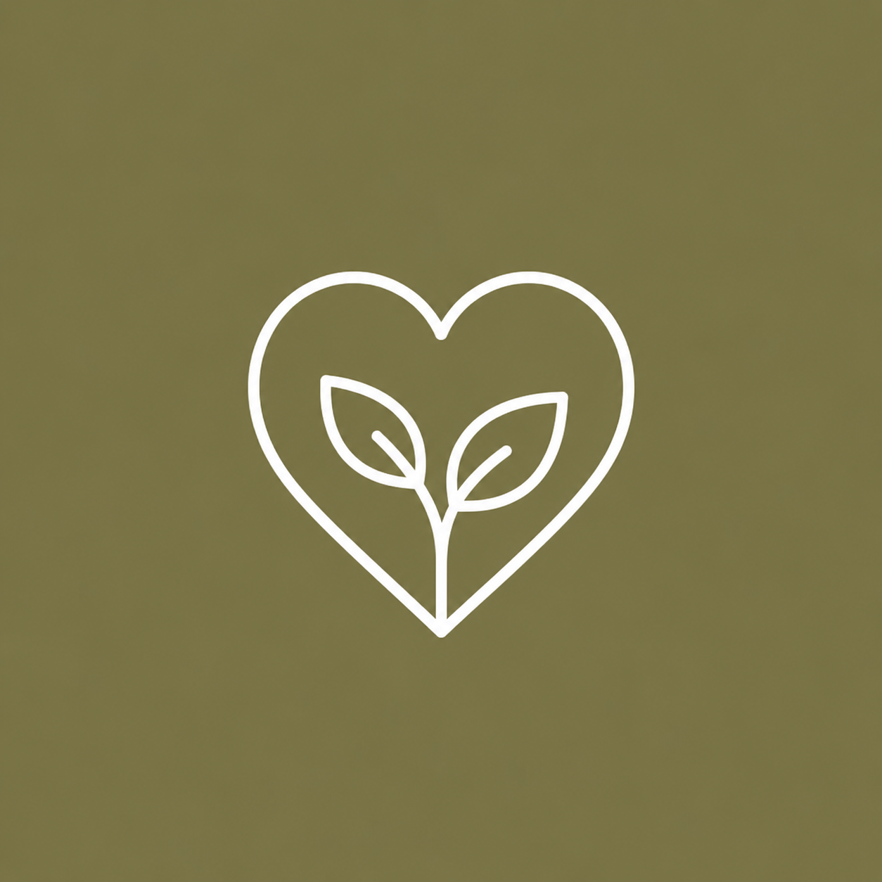 A white line drawing of a heart with a plant inside, featuring two leaves, on an olive green background.